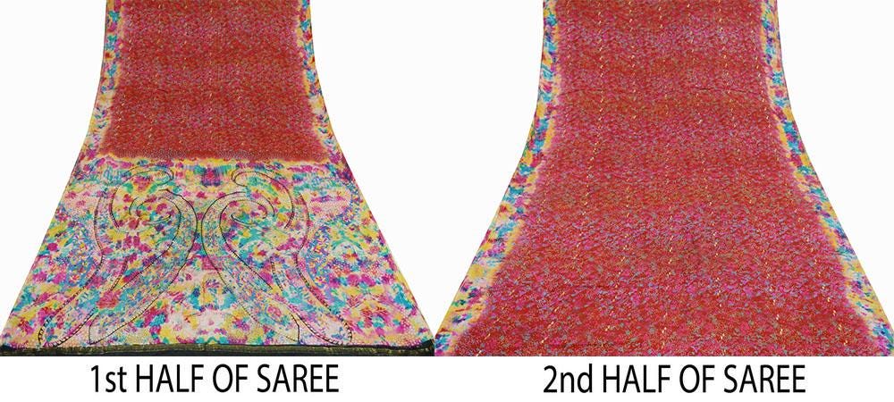 Indian Vintage Sari Red Pure Silk Printed Saree Fabric 5yd Sewing Craft Fabric Dress Making Soft Wrap Floral Crafting Quilting Upcycle