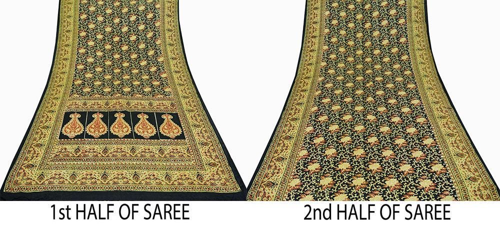 Indian Vintage Sari Black Printed Pure Silk Sarees Craft Fabric 5yd Sewing Floral Soft Dress Designing for Crafting Quilting Upcycle Wrap