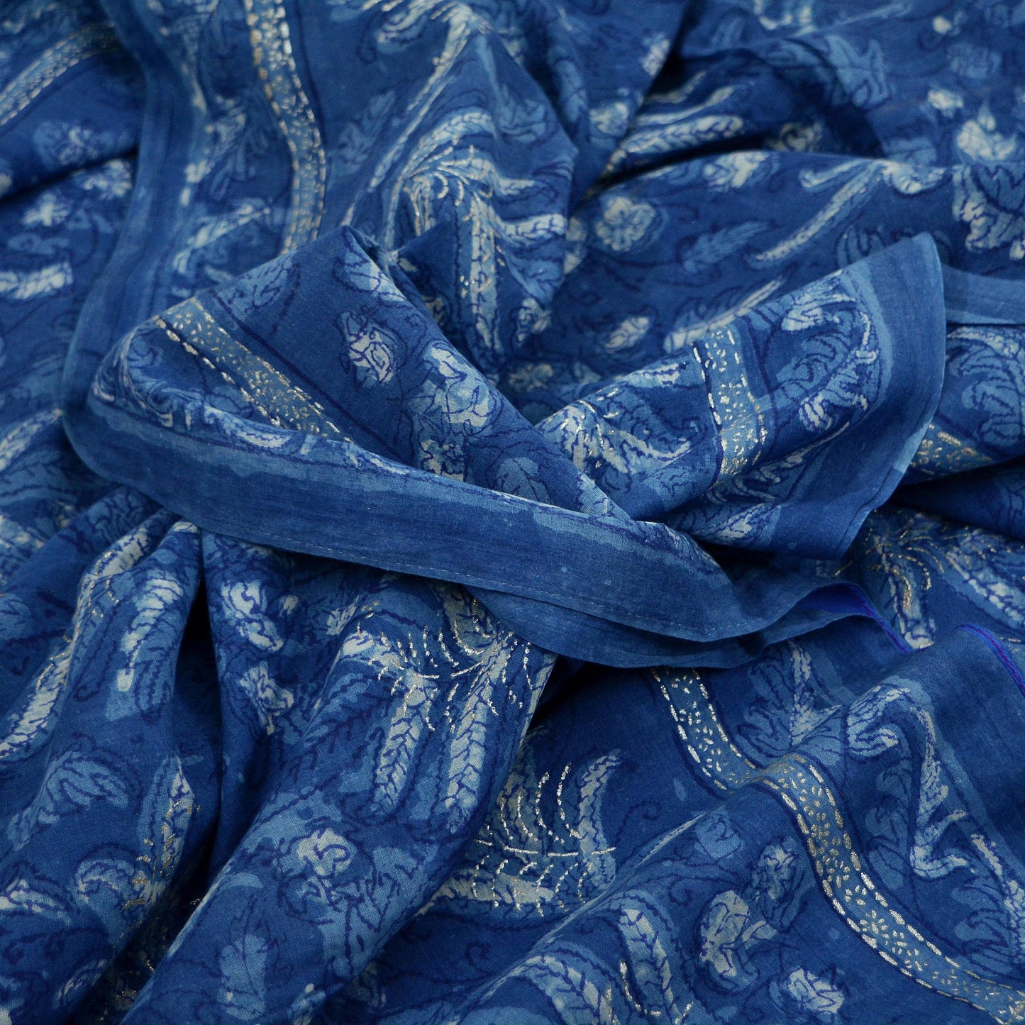 Indian Vintage Blue Saree Hand Block Printed/Painted 100% Pure Cotton Sari Soft Craft Fabric 5Yd Dress making Crafting Upcycle Quilting