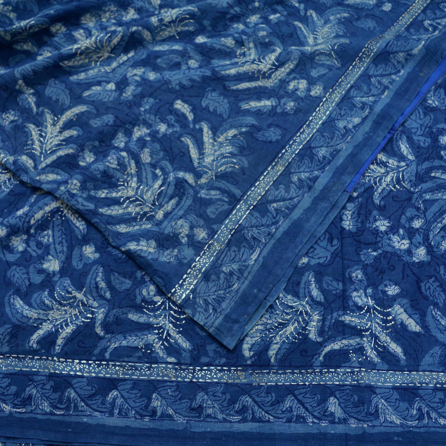 Indian Vintage Blue Saree Hand Block Printed/Painted 100% Pure Cotton Sari Soft Craft Fabric 5Yd Dress making Crafting Upcycle Quilting