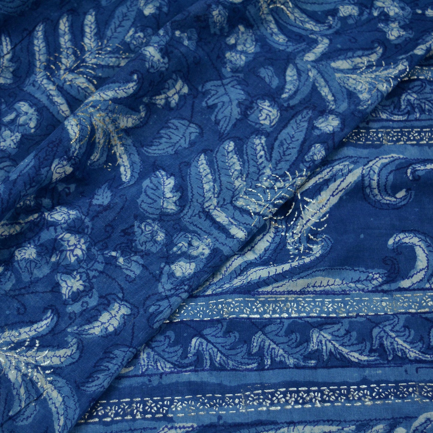 Indian Vintage Blue Saree Hand Block Printed/Painted 100% Pure Cotton Sari Soft Craft Fabric 5Yd Dress making Crafting Upcycle Quilting