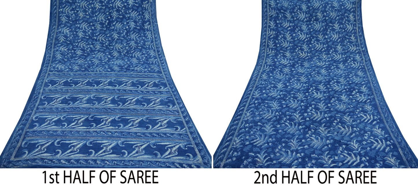 Indian Vintage Blue Saree Hand Block Printed/Painted 100% Pure Cotton Sari Soft Craft Fabric 5Yd Dress making Crafting Upcycle Quilting