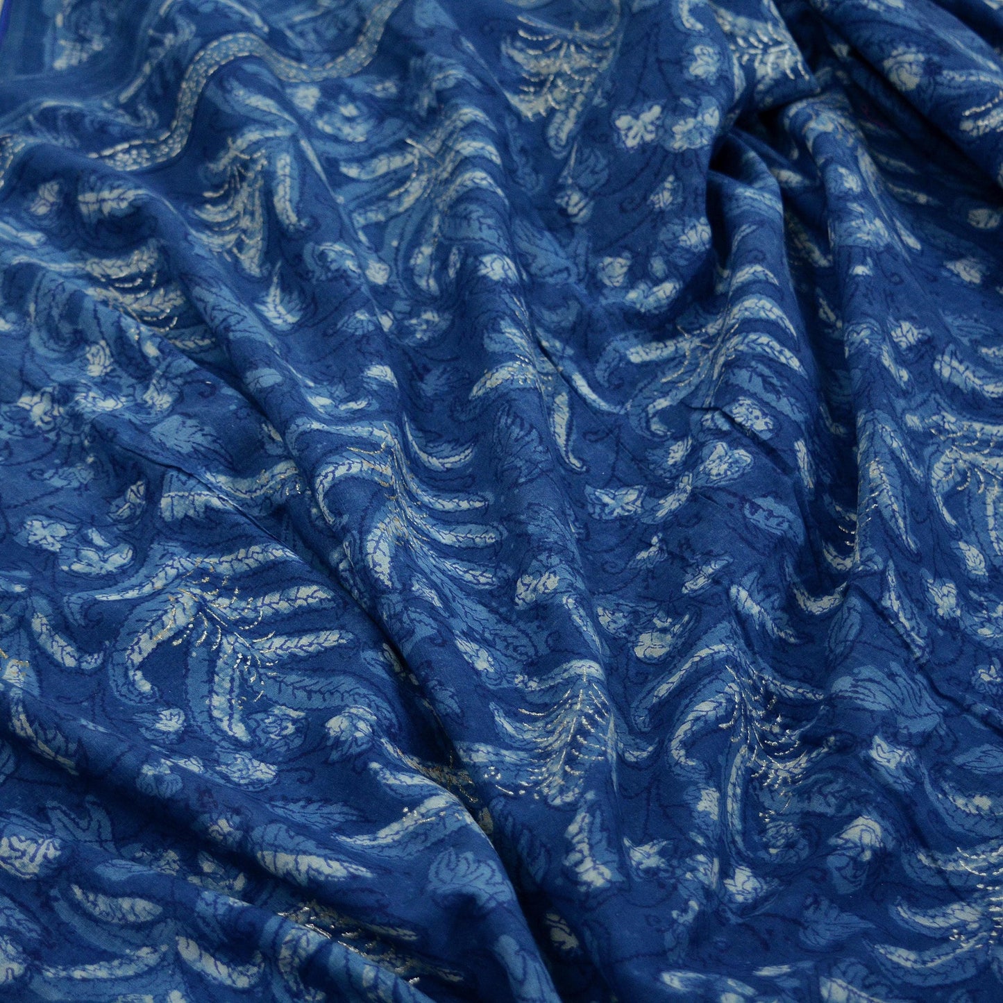 Indian Vintage Blue Saree Hand Block Printed/Painted 100% Pure Cotton Sari Soft Craft Fabric 5Yd Dress making Crafting Upcycle Quilting