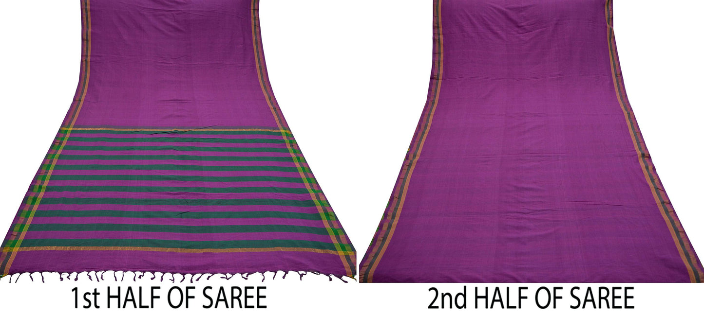 Vintage Sari Purple Pure Cotton Hand Woven Sarees Craft Fabric Zari 5Yd Sewing Soft Crafting Dress making Upcycle Quilting Zigzag