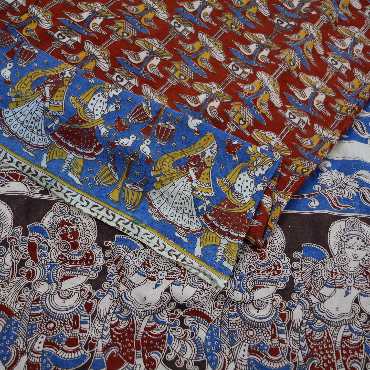 Indian Vintage Sari Red & Blue Pure Cotton Hand Kalamkari Sarees Craft Fabric 5Yd Lady Soft Sewing Sarong Quilting Crafting Upcycle