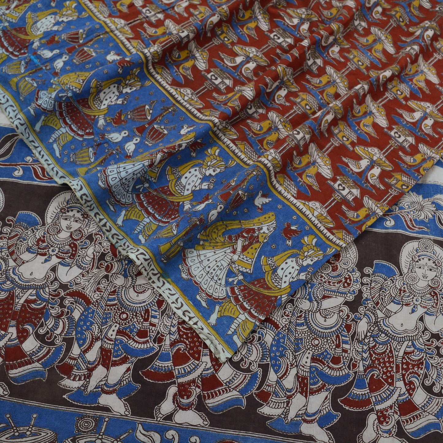 Indian Vintage Sari Red & Blue Pure Cotton Hand Kalamkari Sarees Craft Fabric 5Yd Lady Soft Sewing Sarong Quilting Crafting Upcycle