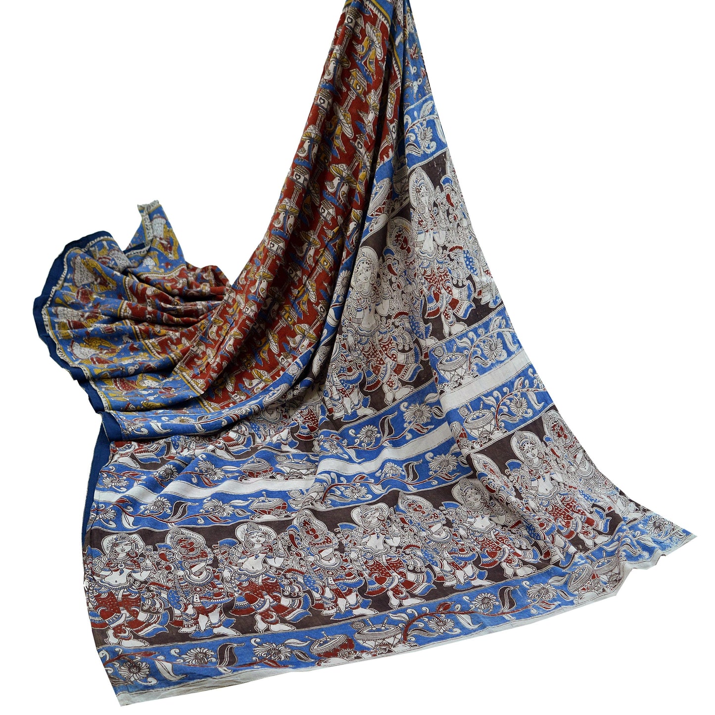Indian Vintage Sari Red & Blue Pure Cotton Hand Kalamkari Sarees Craft Fabric 5Yd Lady Soft Sewing Sarong Quilting Crafting Upcycle