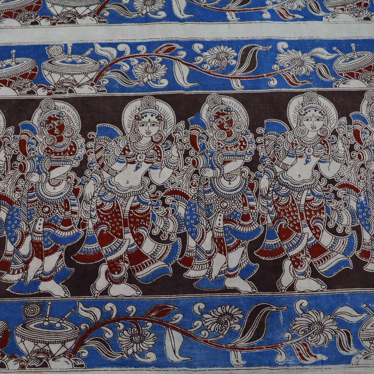 Indian Vintage Sari Red & Blue Pure Cotton Hand Kalamkari Sarees Craft Fabric 5Yd Lady Soft Sewing Sarong Quilting Crafting Upcycle