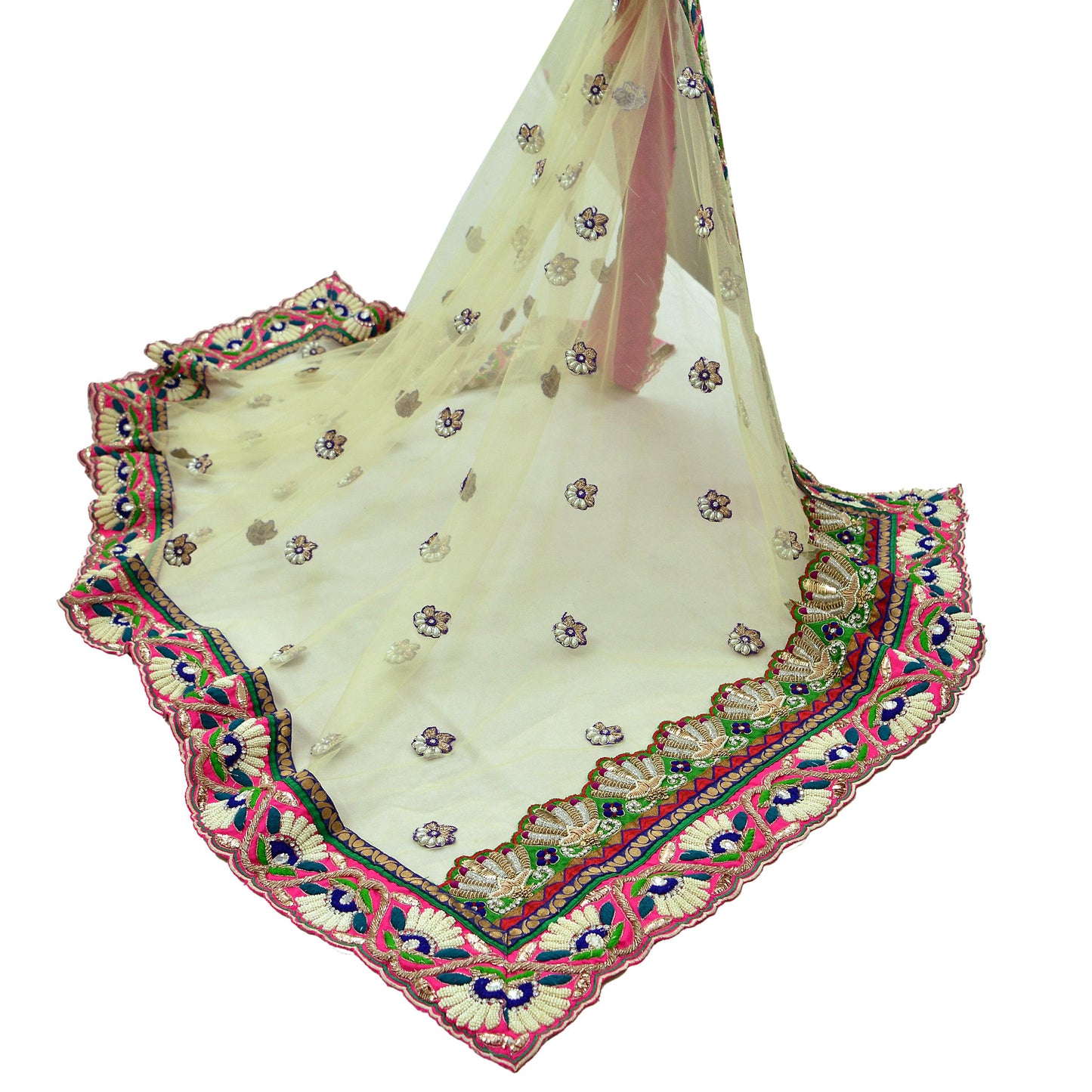 Indian Vintage Heavy Wedding Ivory Dupatta Net Mesh Long Stole Hand Embroidered Scarves Golden Zardozi Dabka Zari Stole Bridal Veil