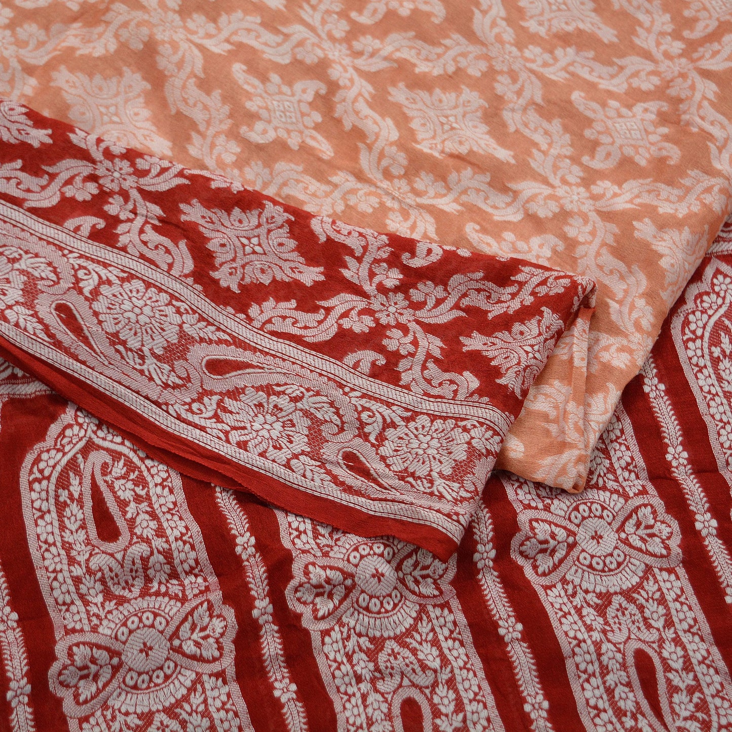 Indian Vintage Red & Peach Dupatta Long Stole Pure Silk Hand Woven Scarves Veil Scarf Wrap Paisley Party wear