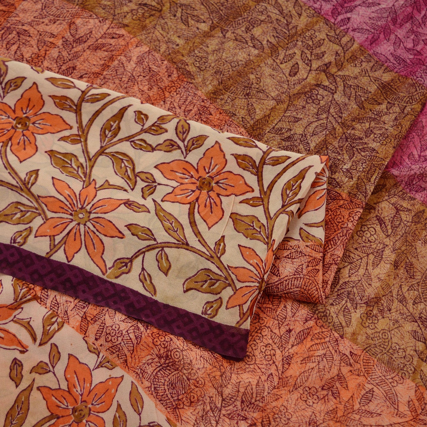 Indian Vintage Sari Beige & Peach Pure Georgette Silk Printed Sarees 6Yd Craft Fabric Sewing Quilting Dress making Crafting Quilting Upcycle