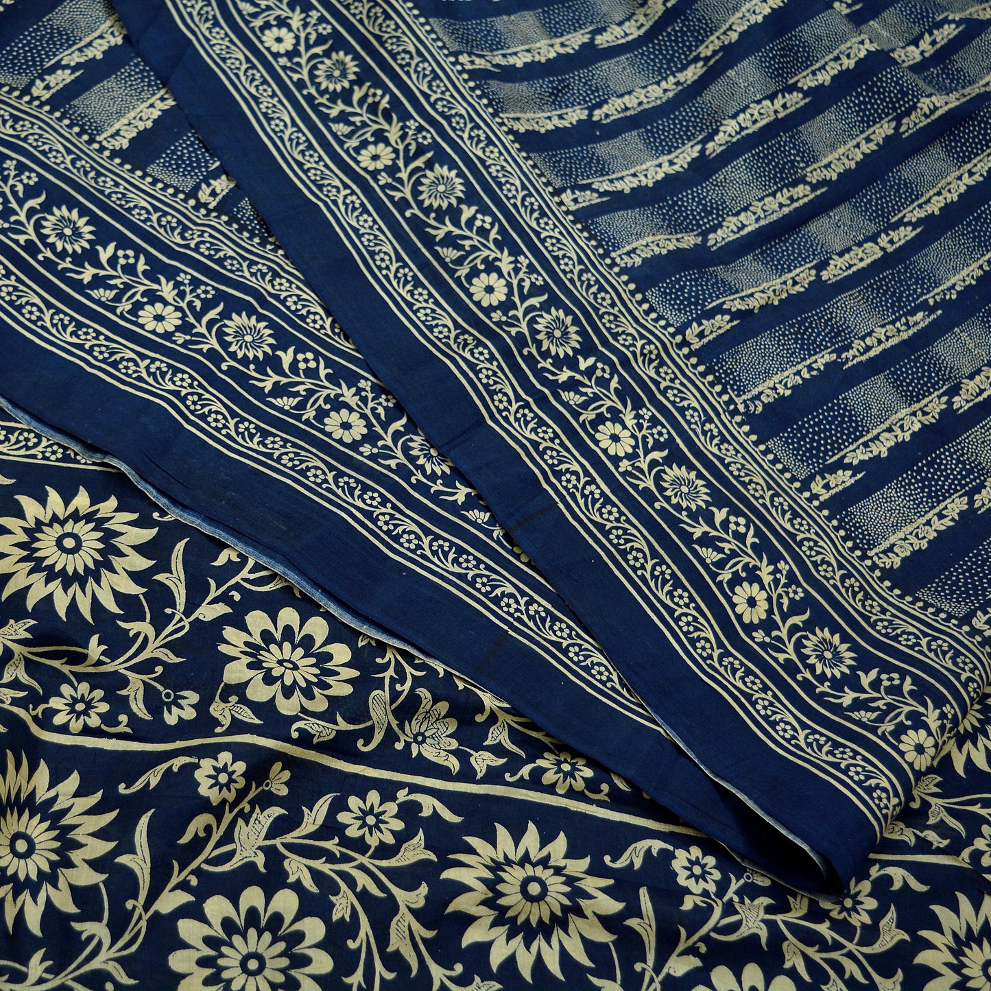 Indian Vintage Sari Deep Blue 100% Pure Silk Printed Sarees 6yd Sewing Craft Fabric Dress Making Floral Wrap used Quilting Crafting Upcycle