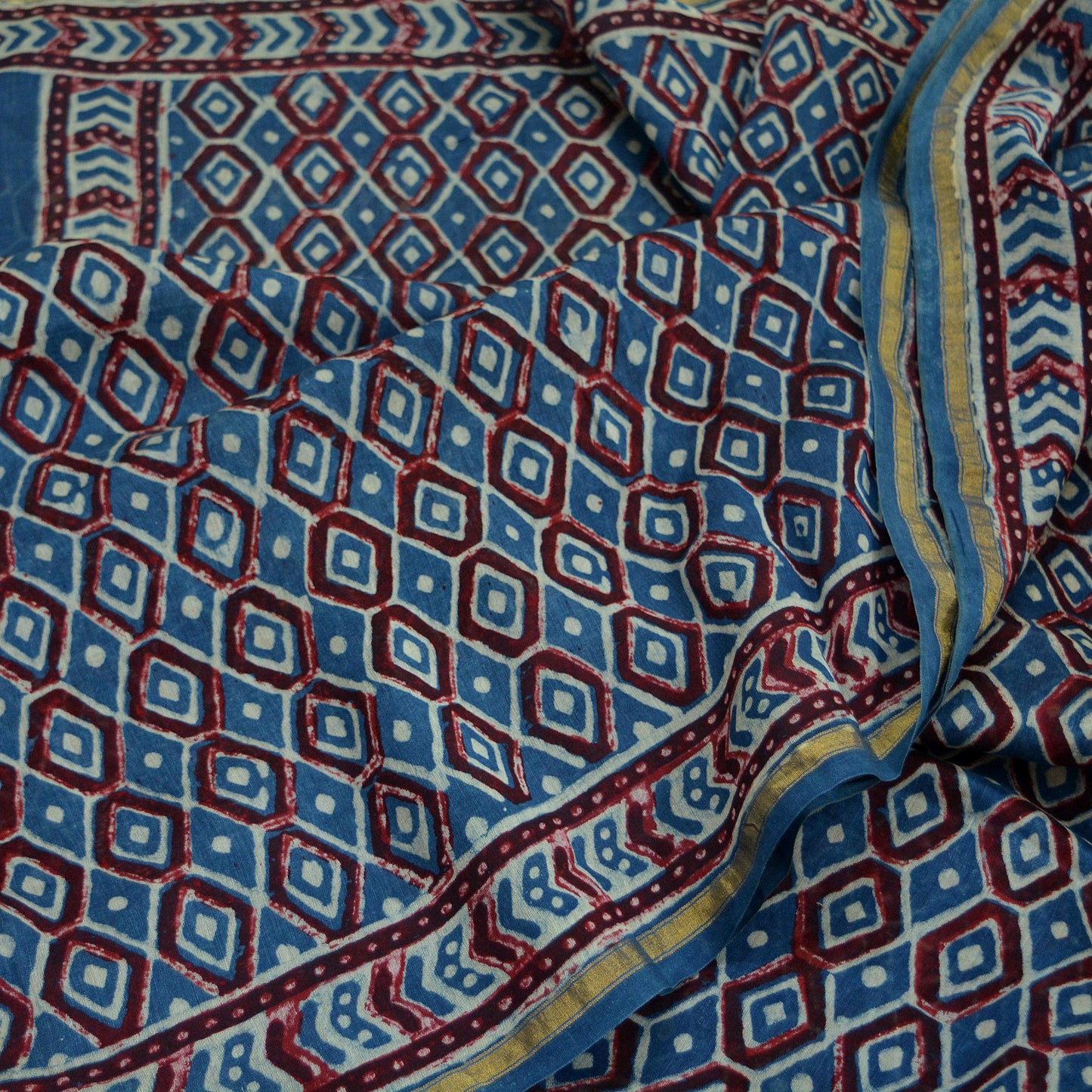 Indian Vintage Sari Blue Pure chanderi Silk Bagru Printed Saree 5Yd Fabric Floral Soft Zari Border Ethnic Upcycle Crafting Dress making