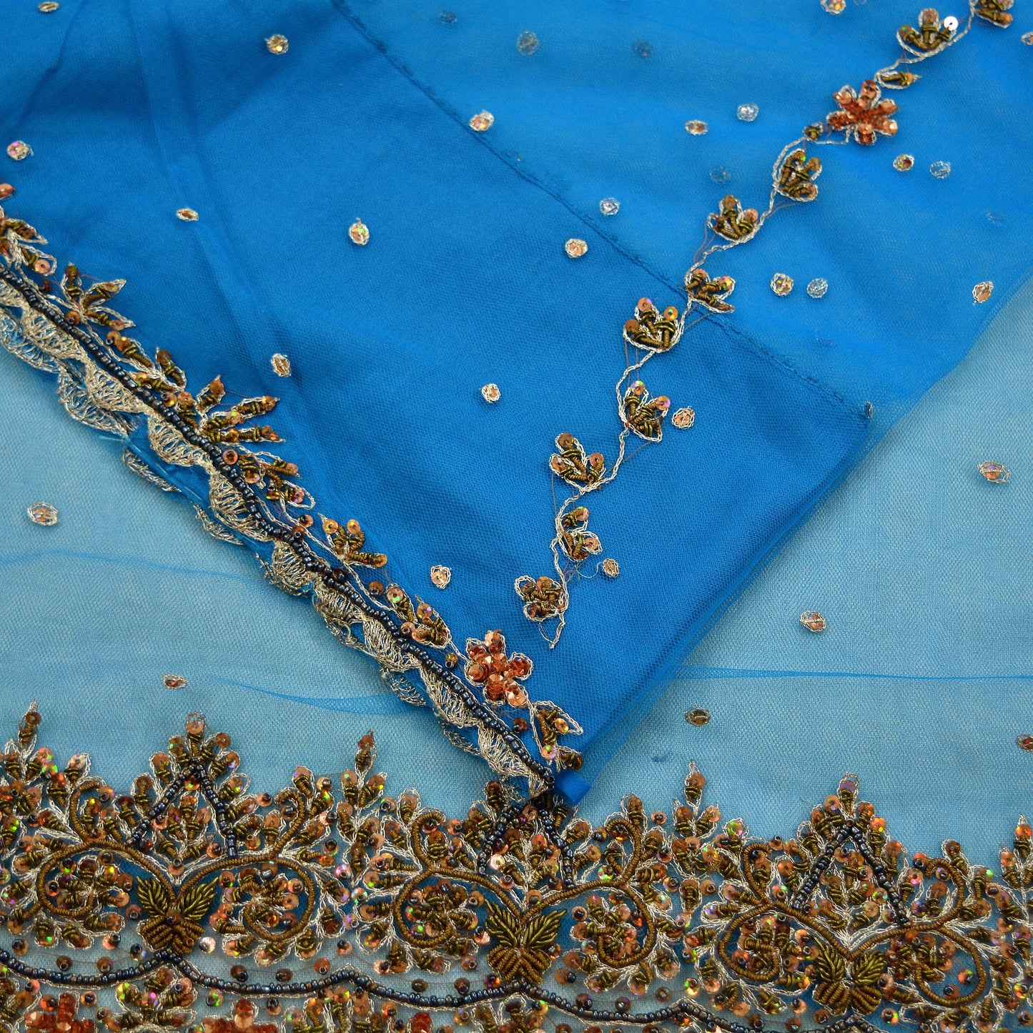 Indian Vintage Blue Saree Net/Mesh Hand Embroidered Indian Sari Fabric 6Yd Sewing Soft Silver Zardozi/Dabka Zari Sequins