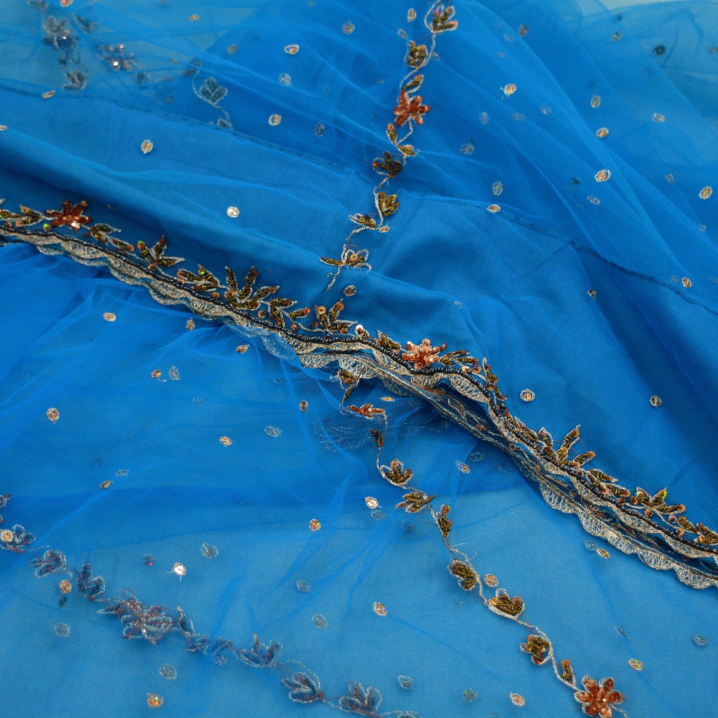 Indian Vintage Blue Saree Net/Mesh Hand Embroidered Indian Sari Fabric 6Yd Sewing Soft Silver Zardozi/Dabka Zari Sequins
