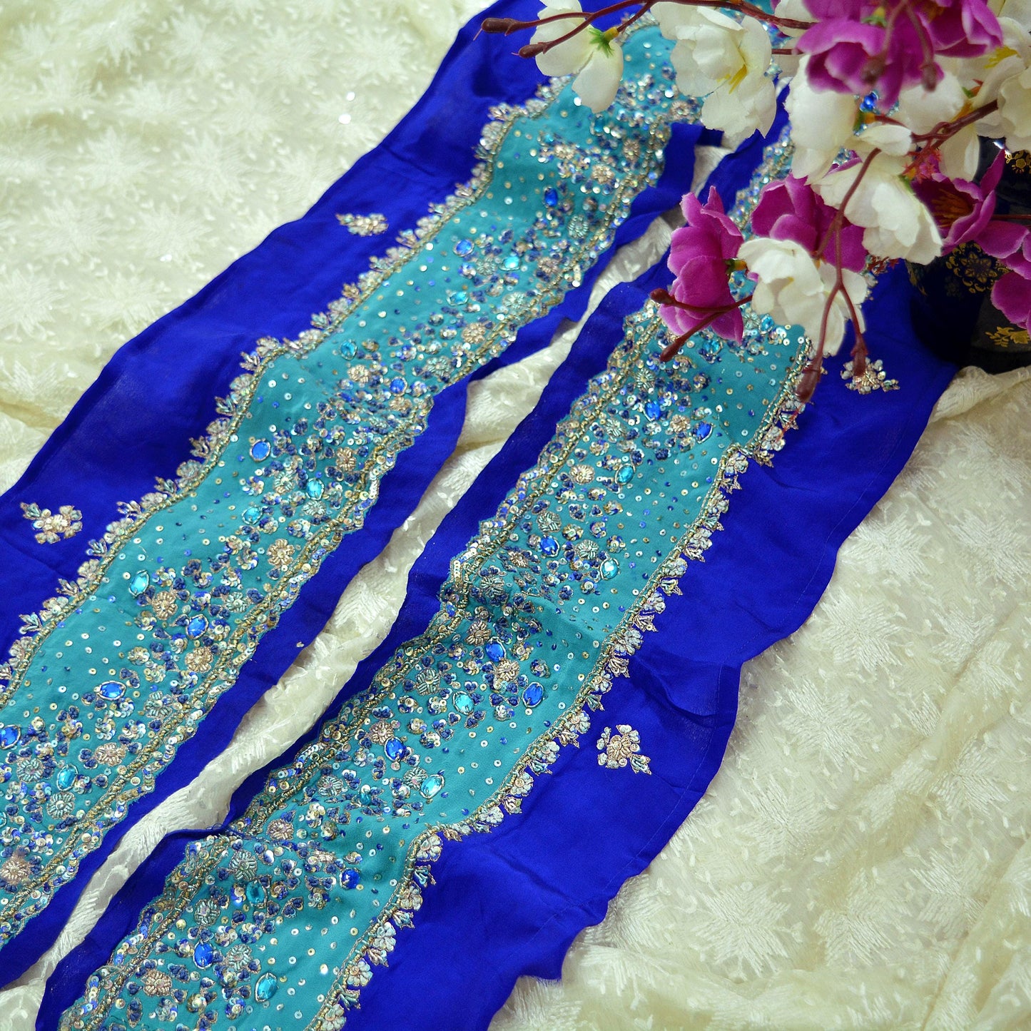 Indian Vintage Green & Blue Sari Border Hand Embroidered Craft Trim Lace Sewing Sari Ribbon Pure Crepe silk Zardozi/Dabka Zari