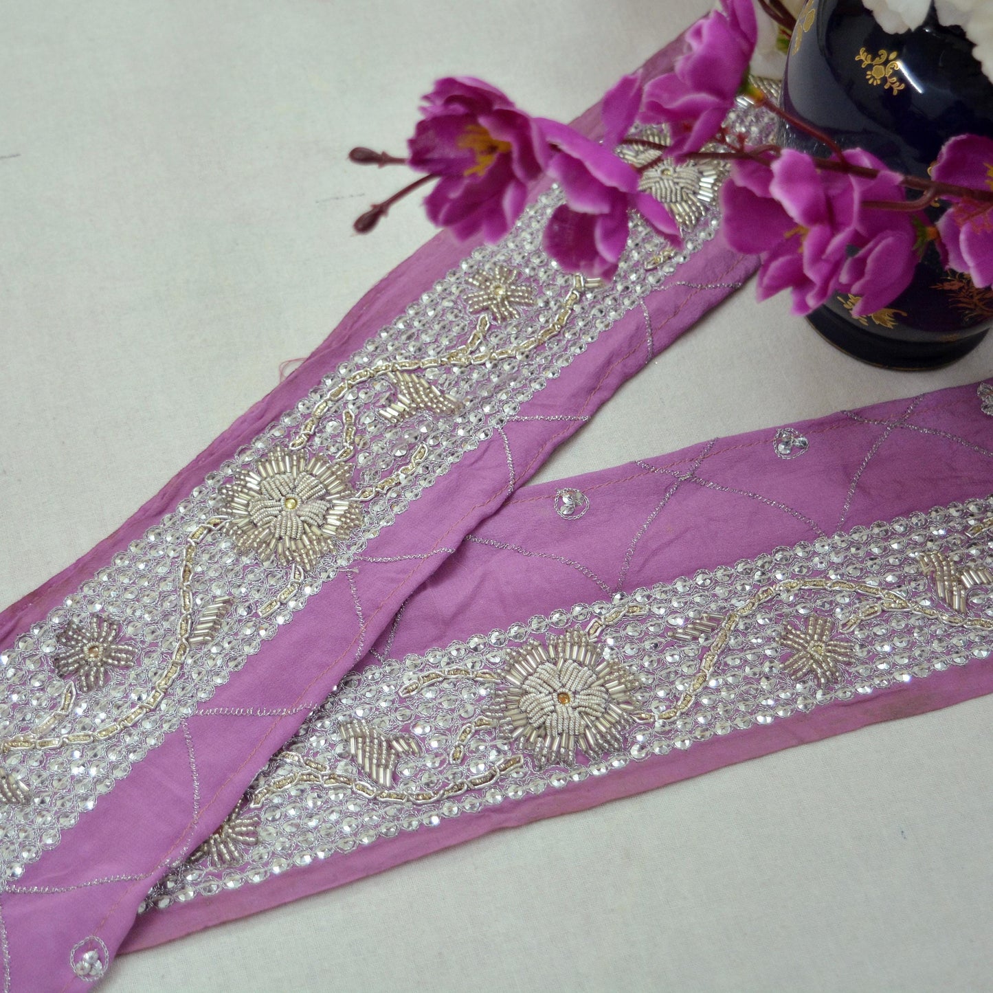 Indian Vintage Pink Sari Border Hand Embroidered 1yd Craft Trim Lace Sewing Sari Ribbon Pure Crepe silk Zardozi/Dabka Zari