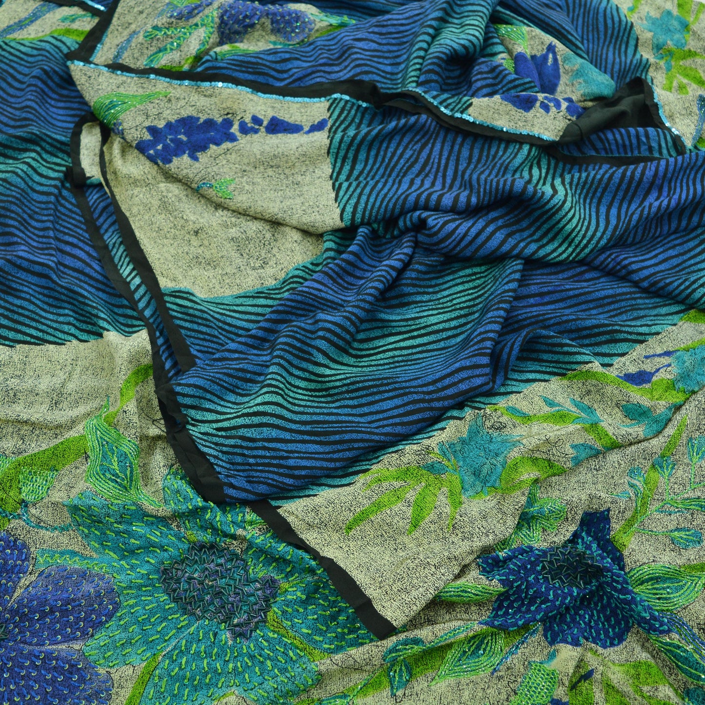 Indian Vintage Sari Beige & Blue Pure Crepe Silk Hand Embroidered Saree 5yard Sewing Floral Craft Sequins Dress making Crafting Upcycle