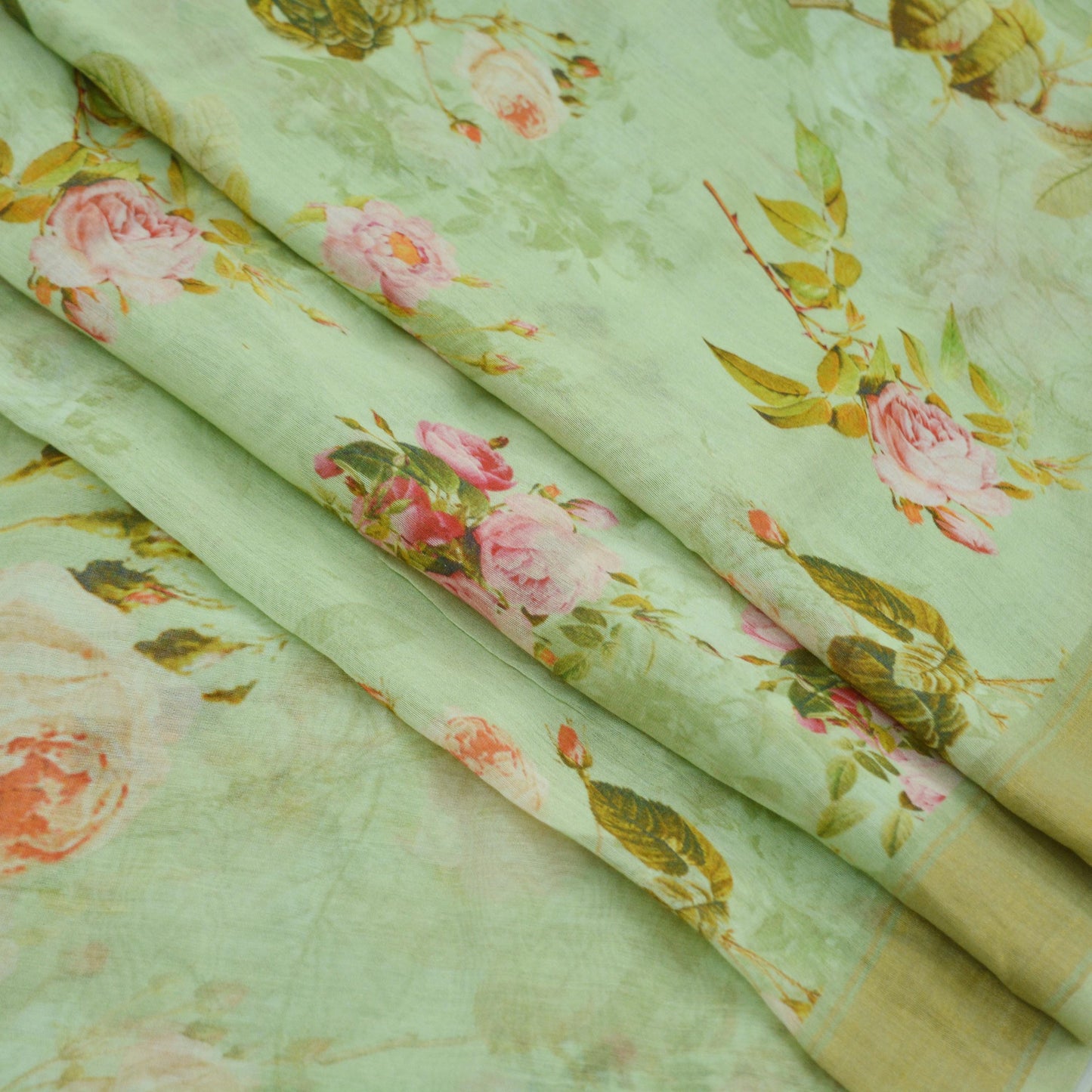 Indian Vintage Green Saree Digital Printed Blend Cotton Sari Craft Fabric 5Yd Sewing Sarong Wrap Boho Floral Dress Making Crafting