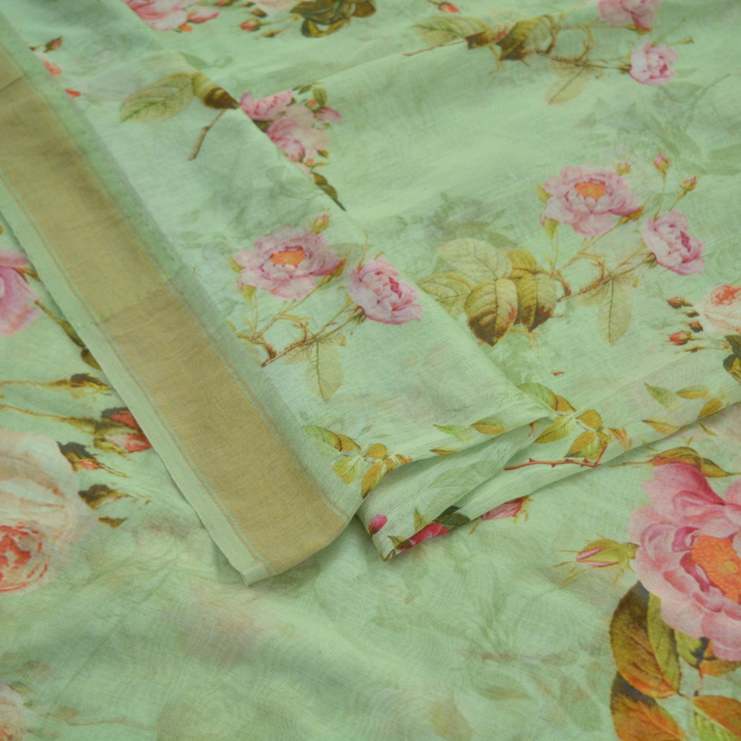 Indian Vintage Green Saree Digital Printed Blend Cotton Sari Craft Fabric 5Yd Sewing Sarong Wrap Boho Floral Dress Making Crafting