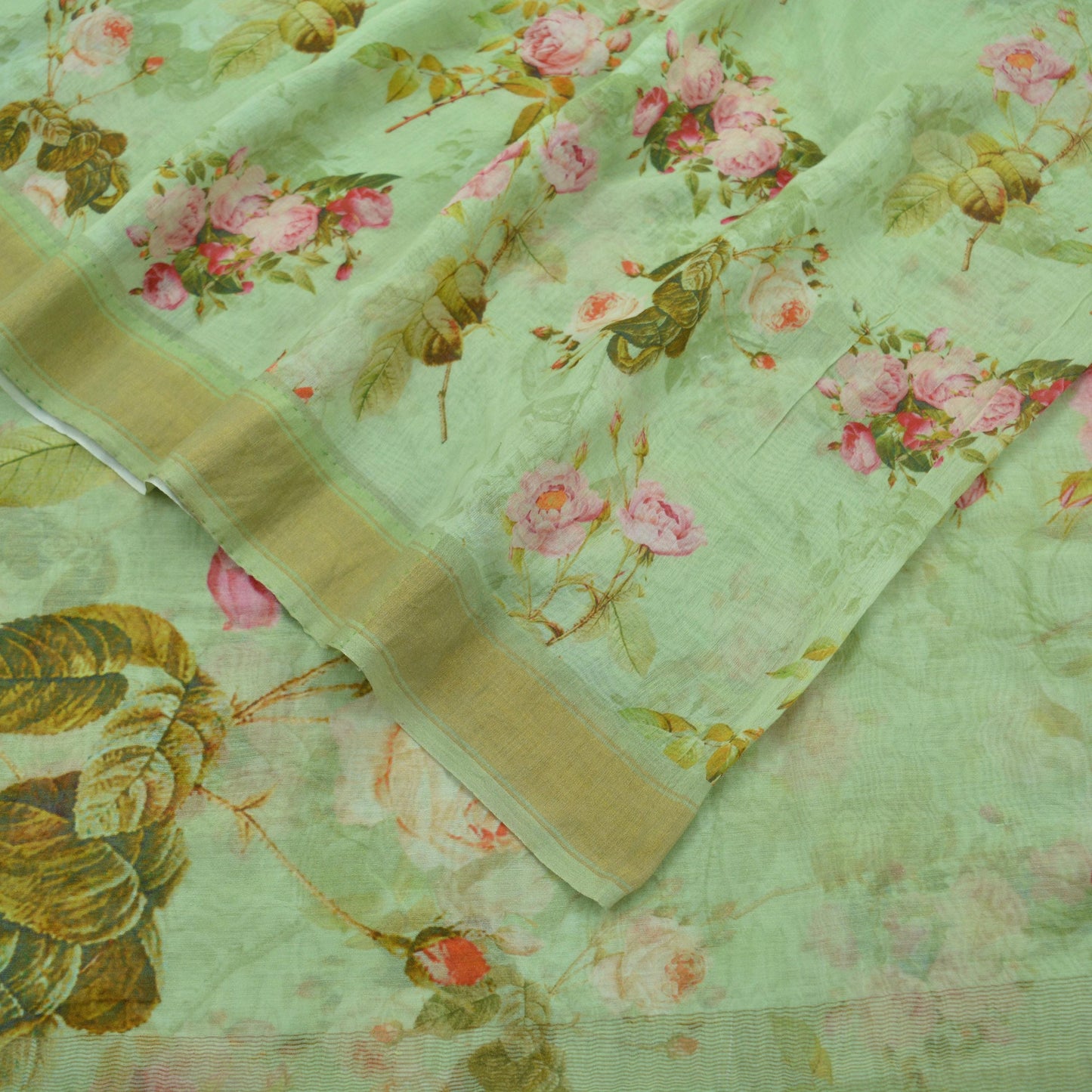 Indian Vintage Green Saree Digital Printed Blend Cotton Sari Craft Fabric 5Yd Sewing Sarong Wrap Boho Floral Dress Making Crafting