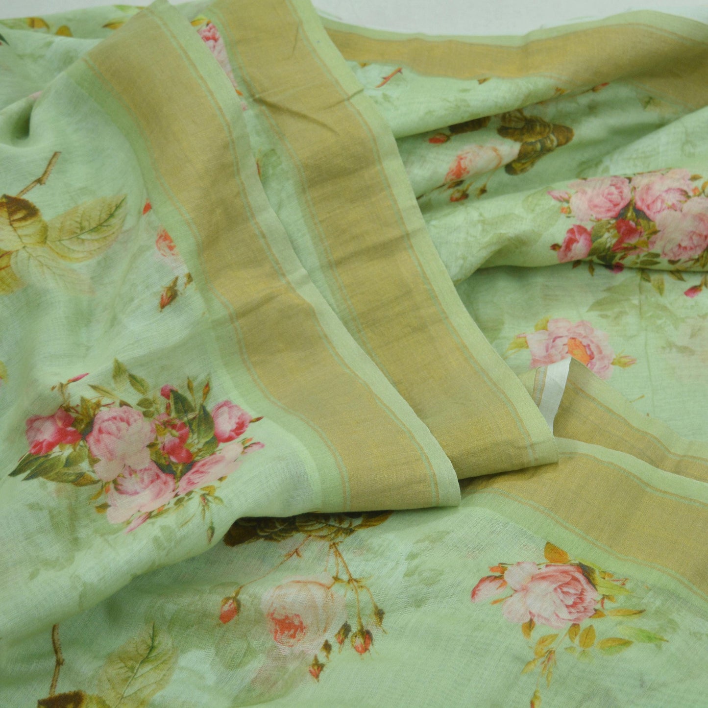 Indian Vintage Green Saree Digital Printed Blend Cotton Sari Craft Fabric 5Yd Sewing Sarong Wrap Boho Floral Dress Making Crafting