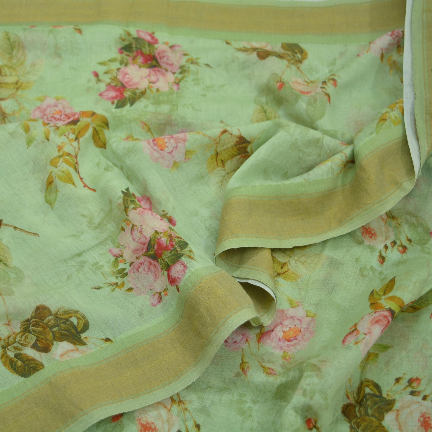 Indian Vintage Green Saree Digital Printed Blend Cotton Sari Craft Fabric 5Yd Sewing Sarong Wrap Boho Floral Dress Making Crafting