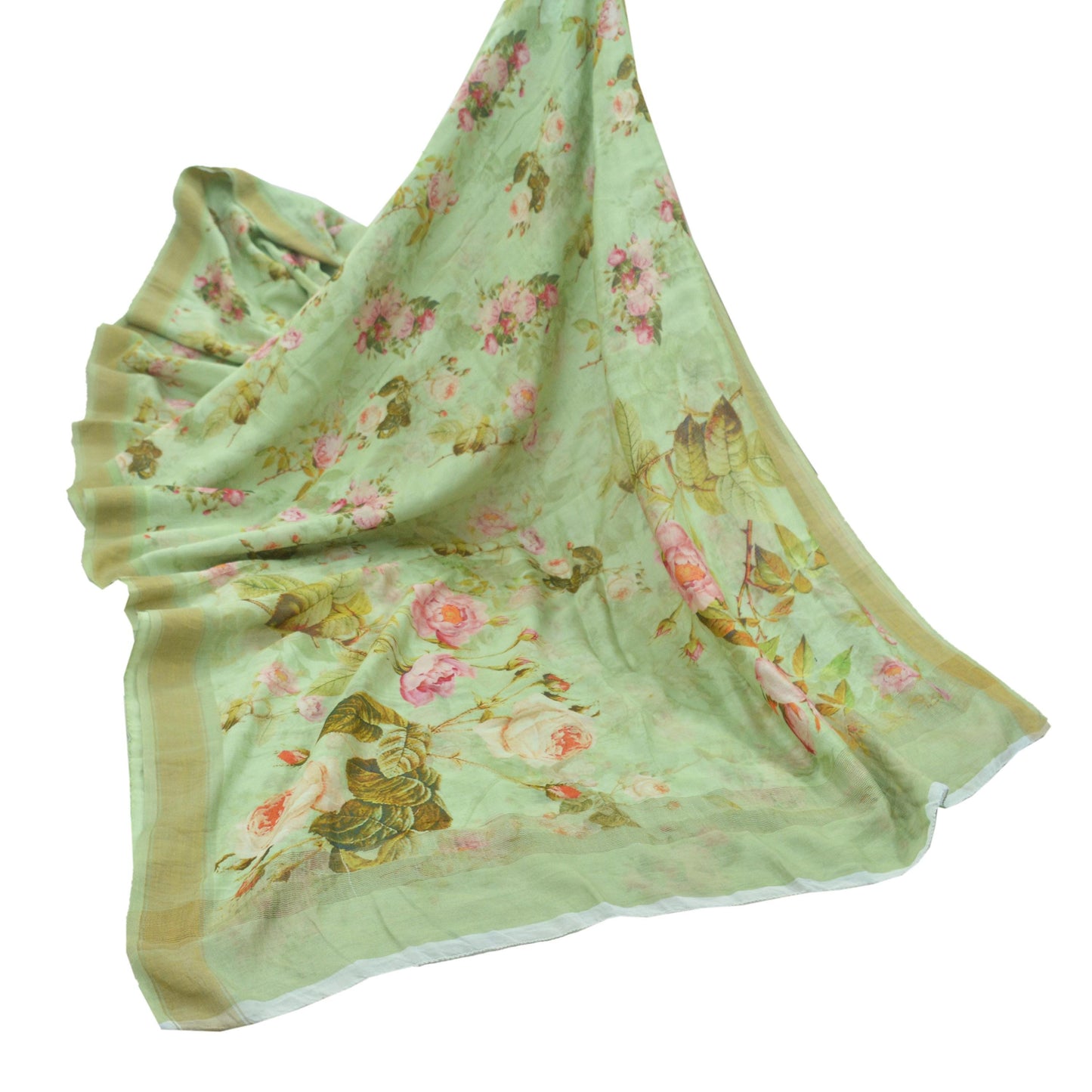 Indian Vintage Green Saree Digital Printed Blend Cotton Sari Craft Fabric 5Yd Sewing Sarong Wrap Boho Floral Dress Making Crafting