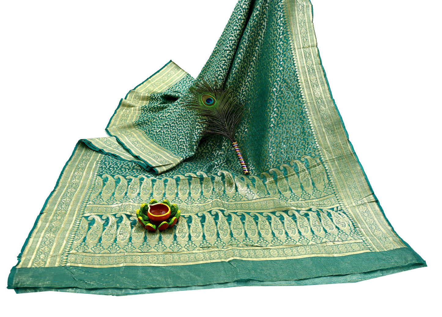 Indian Vintage Sari Heavy Green Pure Organza Silk Woven Brocade Banarasi Sarees Zari 5Yd Ethnic Fabric Dress Making Wedding Sarees