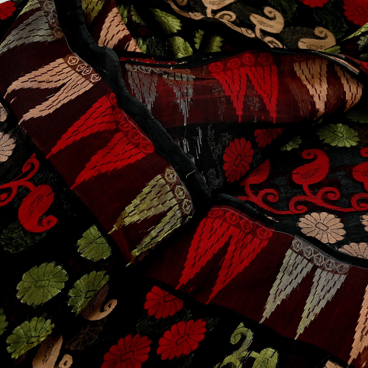Indian Vintage Sarees Black Pure Cotton Hand Woven Jamdani Sari 5yd Ethnic Floral Craft Fabric Dress making Upcycle Crafting Quilting