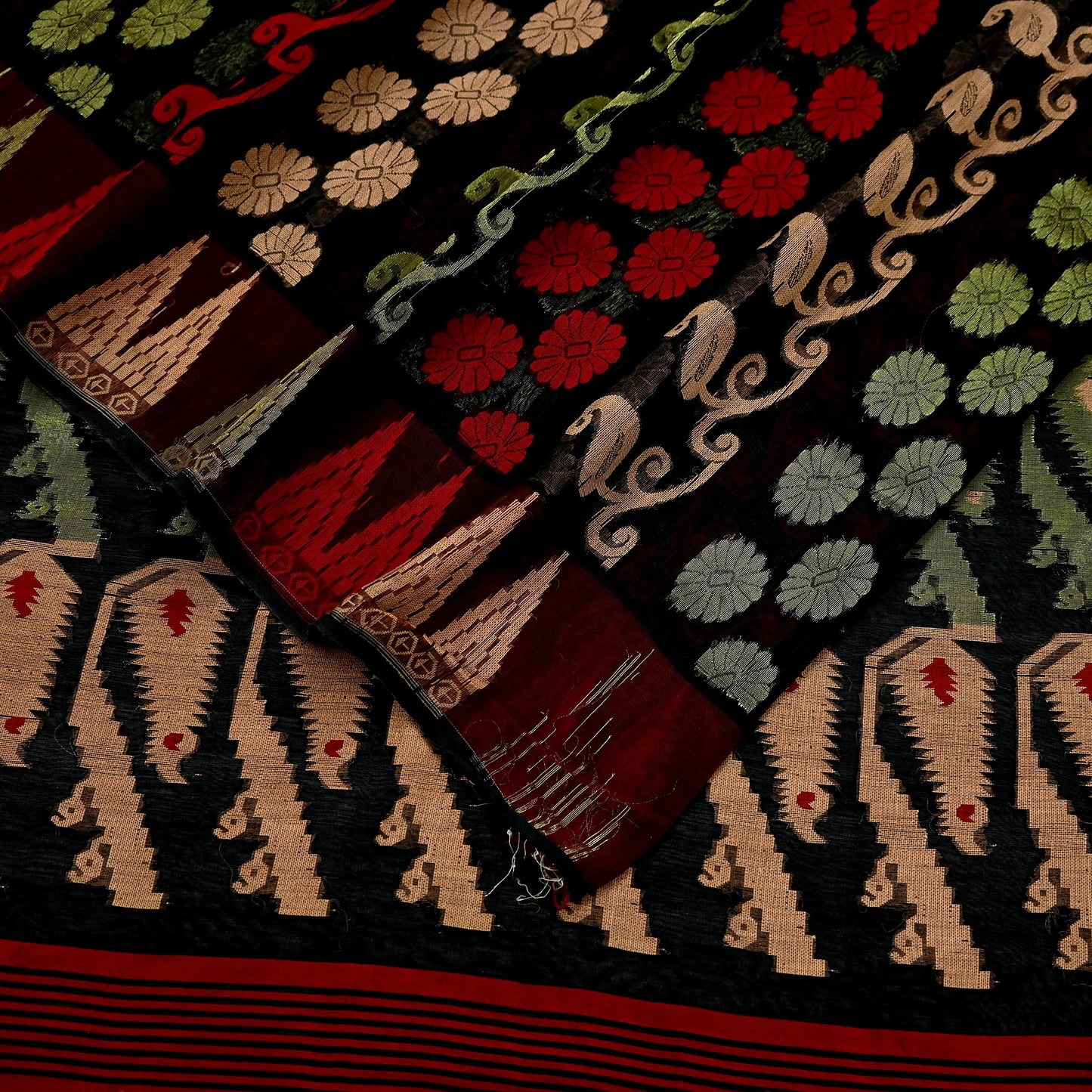 Indian Vintage Sarees Black Pure Cotton Hand Woven Jamdani Sari 5yd Ethnic Floral Craft Fabric Dress making Upcycle Crafting Quilting