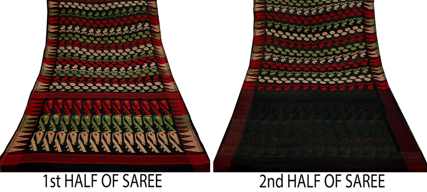 Indian Vintage Sarees Black Pure Cotton Hand Woven Jamdani Sari 5yd Ethnic Floral Craft Fabric Dress making Upcycle Crafting Quilting