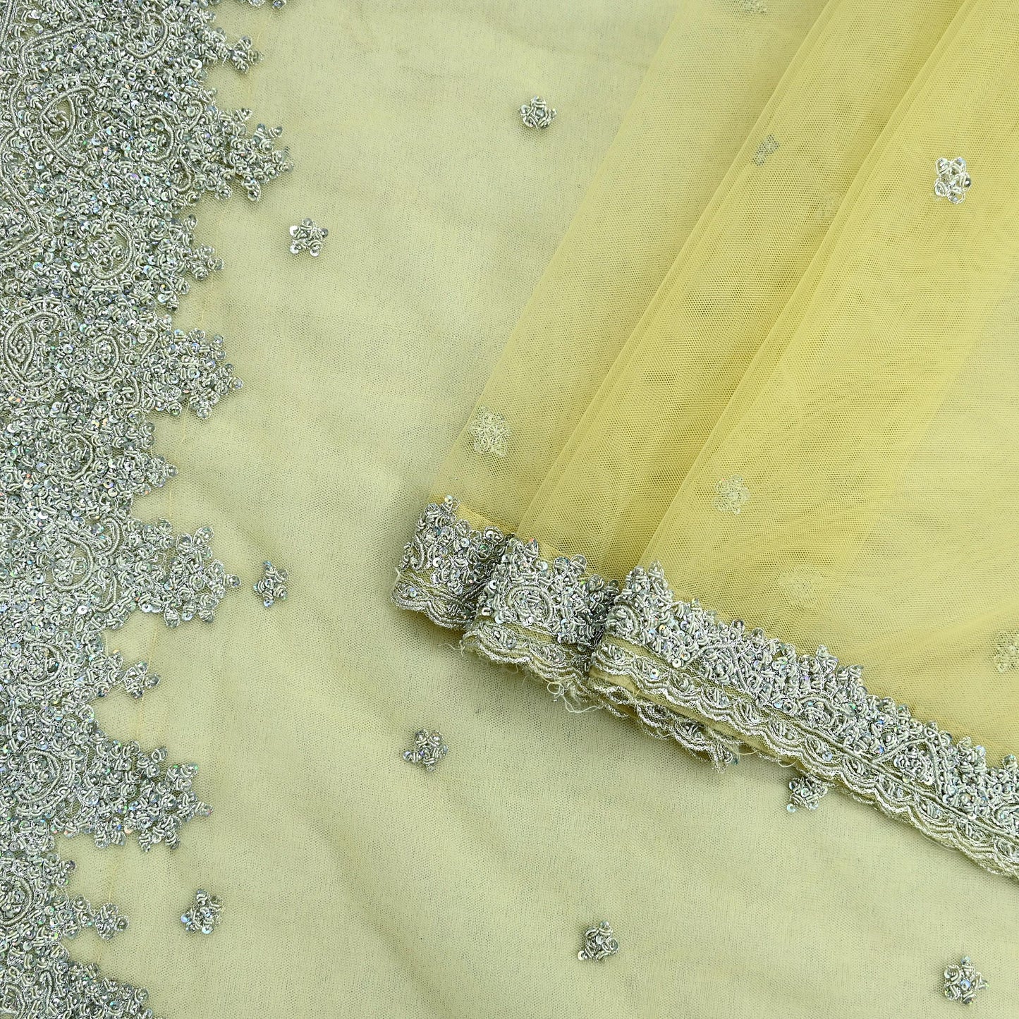 Indian Vintage Sari Yellow Net/Mesh Hand Embroidered Sarees Craft Fabric 6Yd Sewing Soft Zardozi/Dabka Zari Sequins Wedding sarees