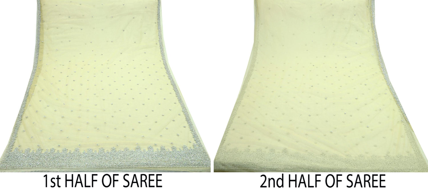 Indian Vintage Sari Yellow Net/Mesh Hand Embroidered Sarees Craft Fabric 6Yd Sewing Soft Zardozi/Dabka Zari Sequins Wedding sarees