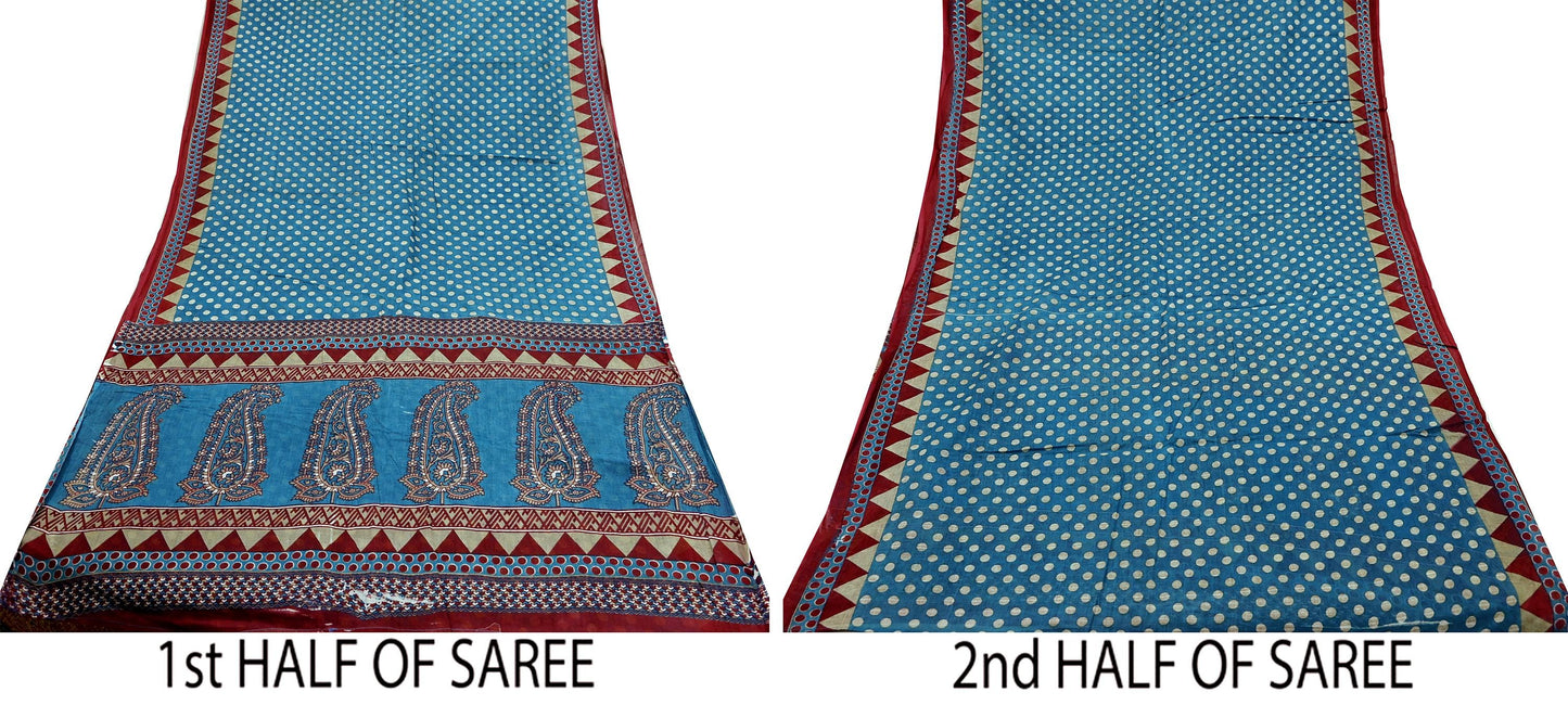 Indian Vintage Blue Saree Printed 100% Pure Cotton Indian Sari Craft Fabric 5Yd Sewing Sarong Wrap Boho Floral Dress Making Crafting