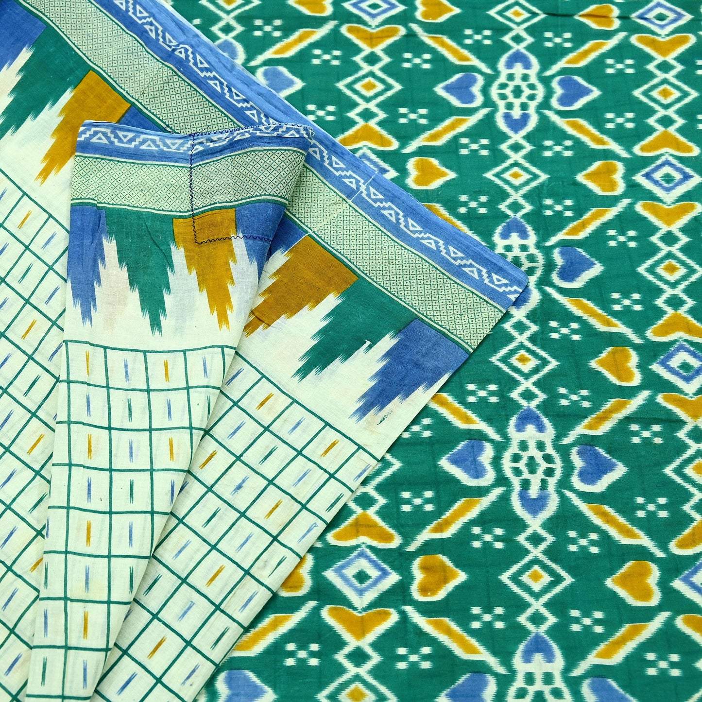 Indian Vintage Sari Green & Ivory Printed Pure Cotton Sarees 5Yd Craft Fabric Soft Sewing Sarong Wrap Boho Upcycle quilting Dress making