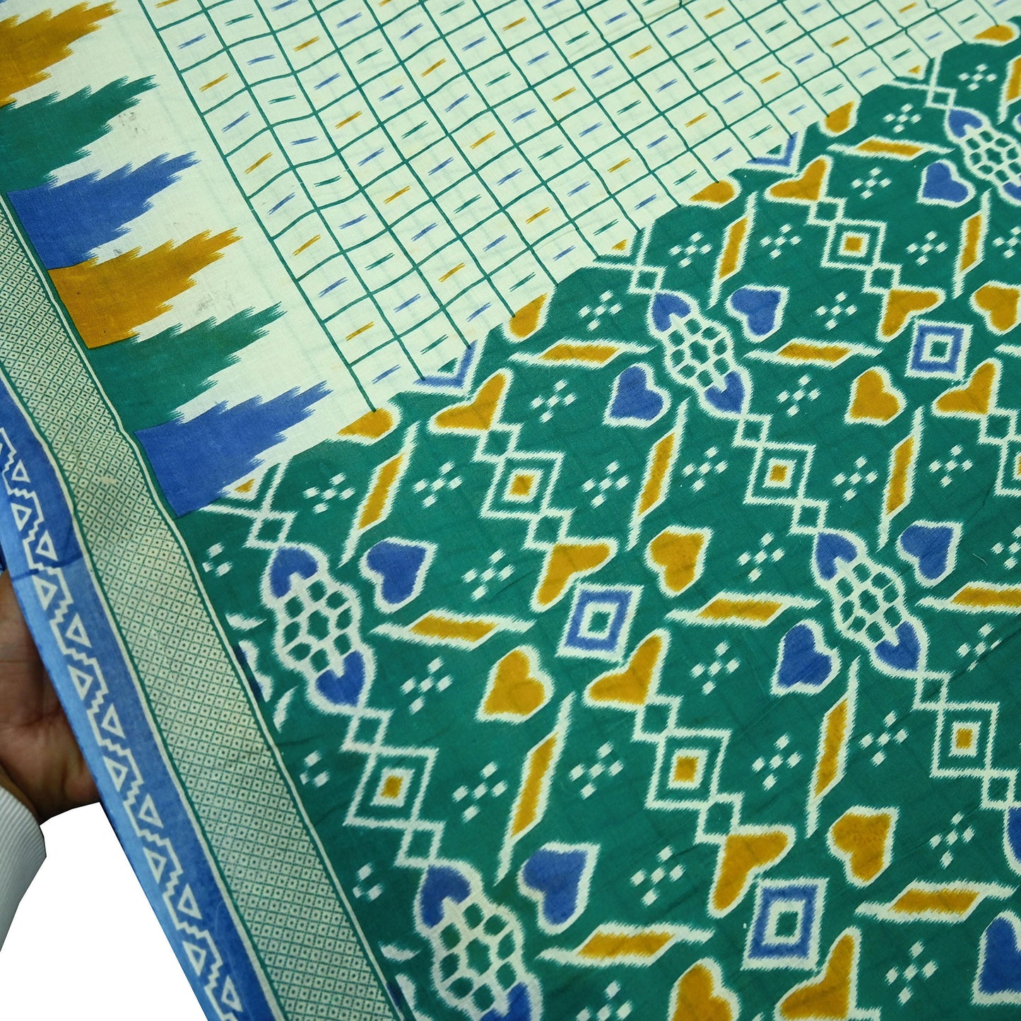 Indian Vintage Sari Green & Ivory Printed Pure Cotton Sarees 5Yd Craft Fabric Soft Sewing Sarong Wrap Boho Upcycle quilting Dress making