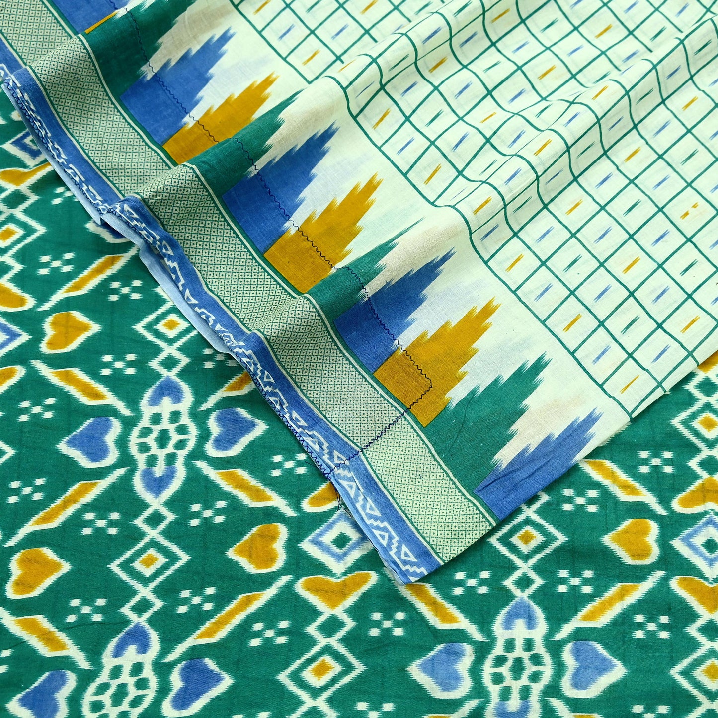 Indian Vintage Sari Green & Ivory Printed Pure Cotton Sarees 5Yd Craft Fabric Soft Sewing Sarong Wrap Boho Upcycle quilting Dress making