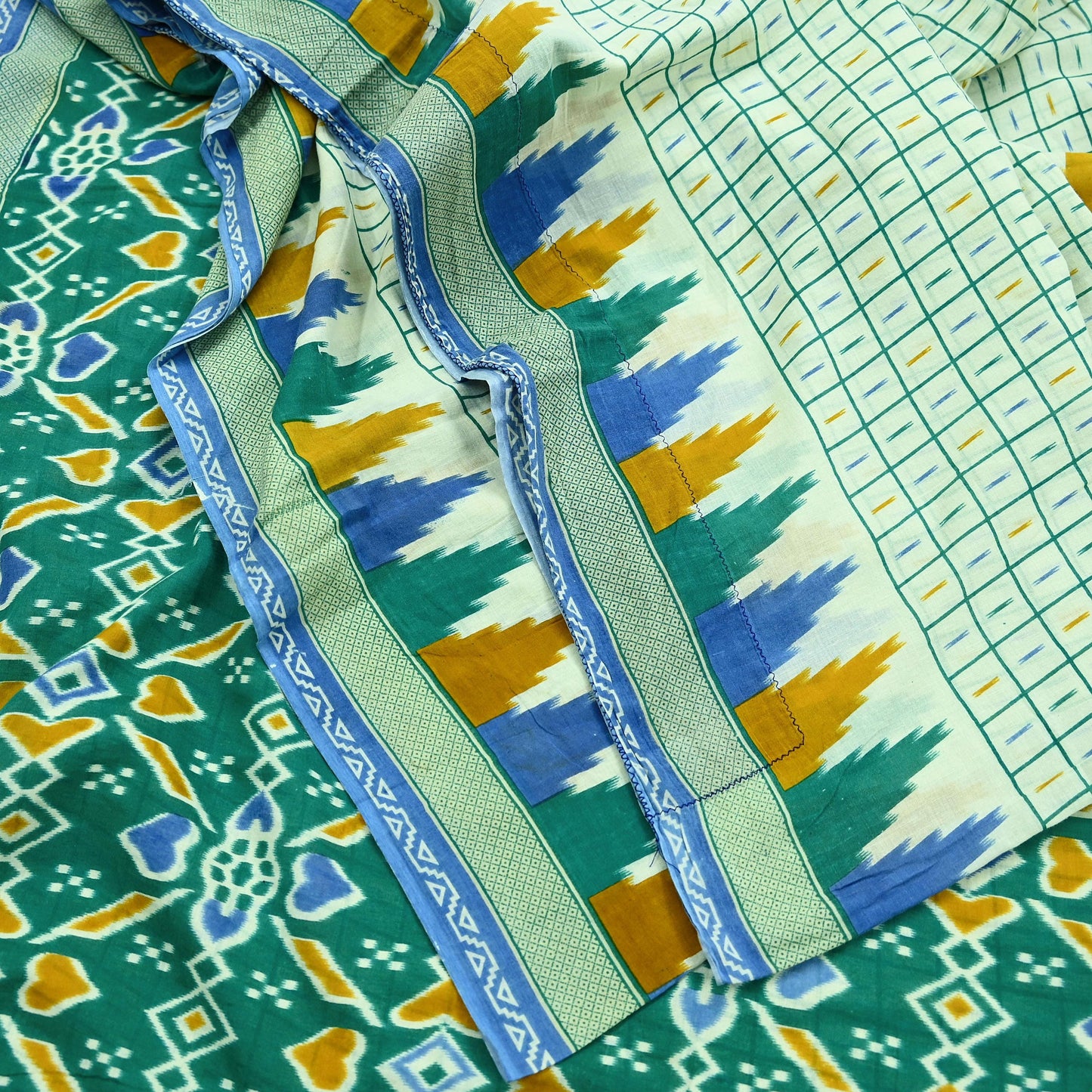 Indian Vintage Sari Green & Ivory Printed Pure Cotton Sarees 5Yd Craft Fabric Soft Sewing Sarong Wrap Boho Upcycle quilting Dress making