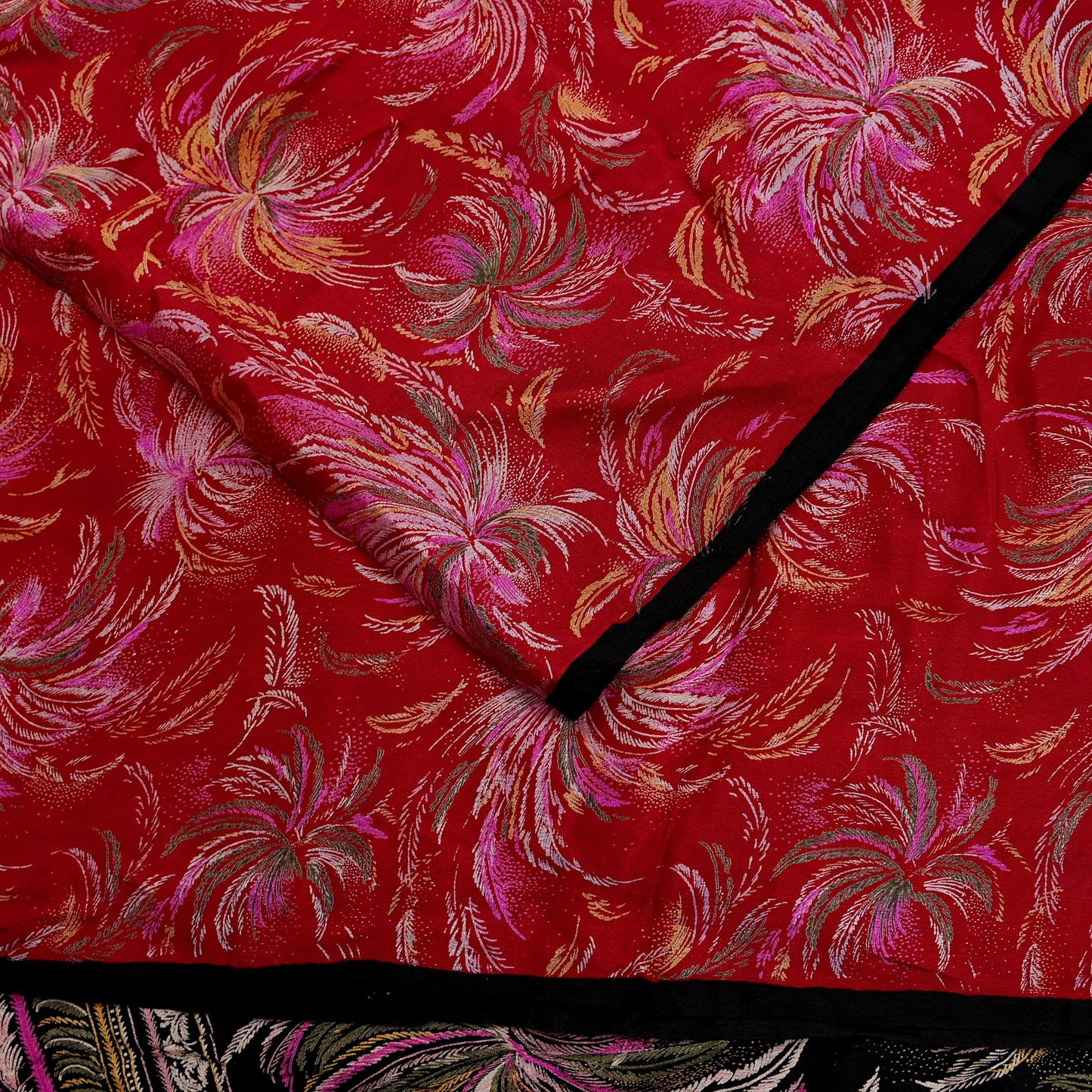 Indian Vintage Sari Black & Red Pure Silk Printed Sarees 5yd Sewing Craft Fabric Dress Making Soft Quilting Crafting Upcycle Used Floral