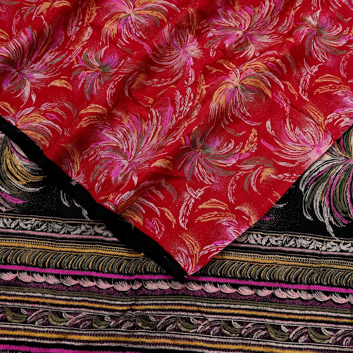 Indian Vintage Sari Black & Red Pure Silk Printed Sarees 5yd Sewing Craft Fabric Dress Making Soft Quilting Crafting Upcycle Used Floral