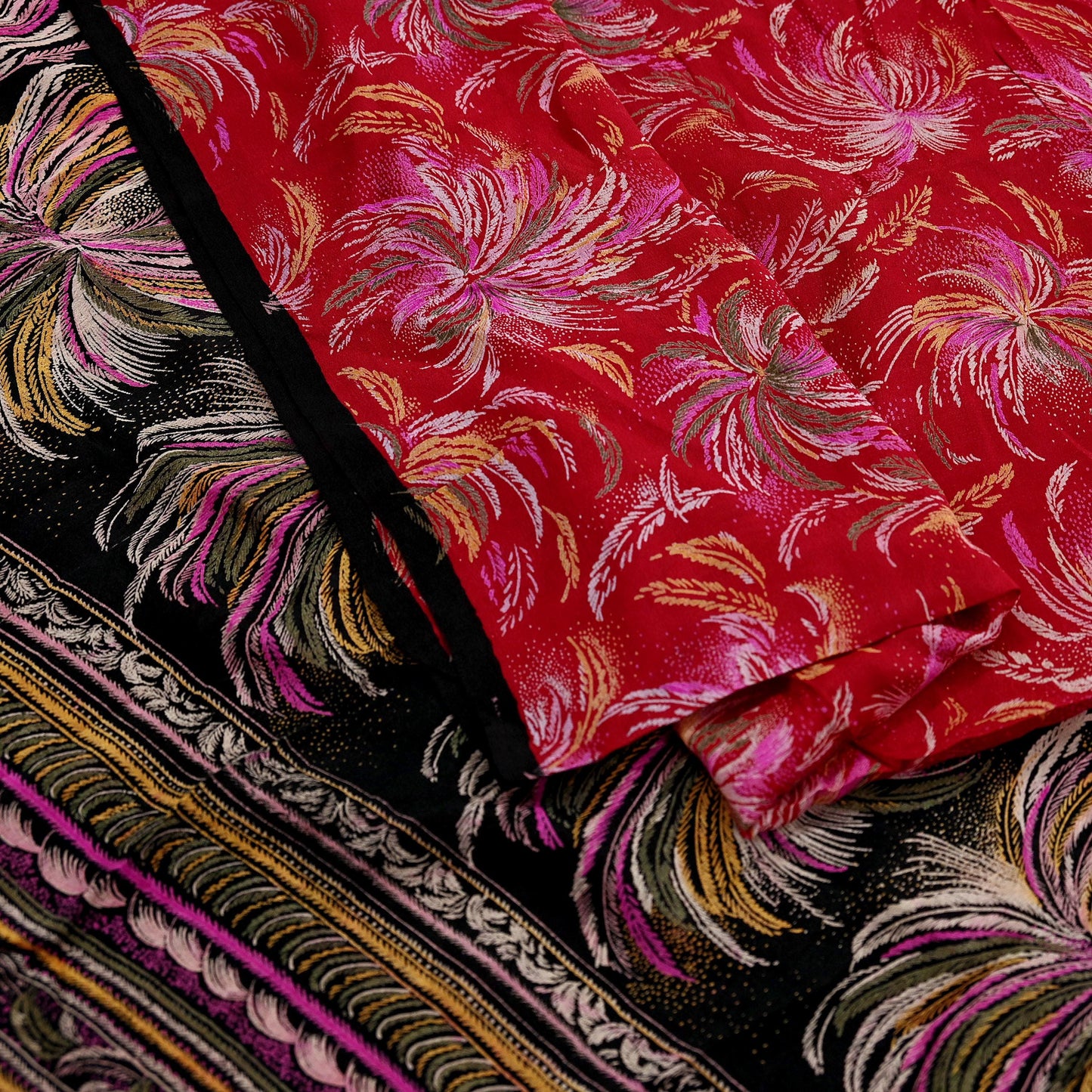 Indian Vintage Sari Black & Red Pure Silk Printed Sarees 5yd Sewing Craft Fabric Dress Making Soft Quilting Crafting Upcycle Used Floral