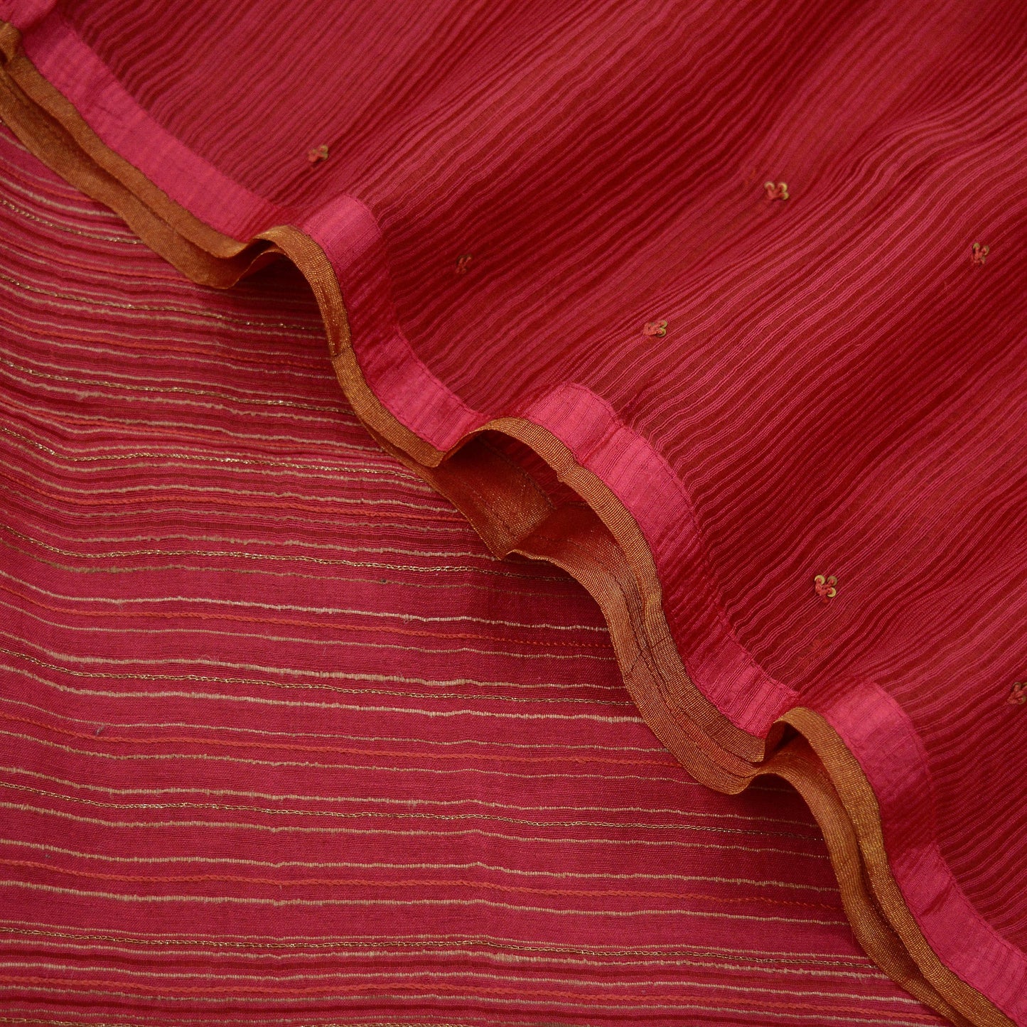 Indian Vintage Red Dupatta Long Stole Hand Embroidered Pure Chanderi Silk Scarves Veil Golden Zari Soft Fringes