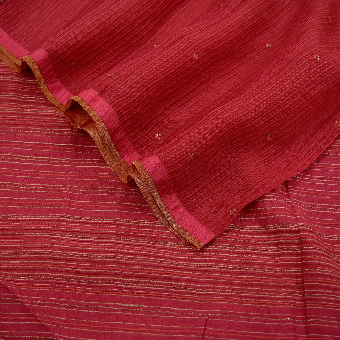 Indian Vintage Red Dupatta Long Stole Hand Embroidered Pure Chanderi Silk Scarves Veil Golden Zari Soft Fringes