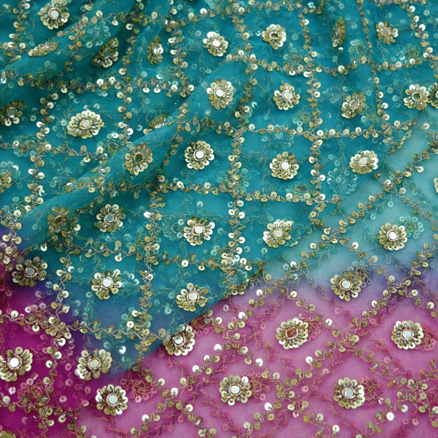 Indian Vintage Heavy Pink & Blue Dupatta Net Mesh Long Stole Hand Embroidered Scarves Golden Zardozi Dabka Zari Sequins