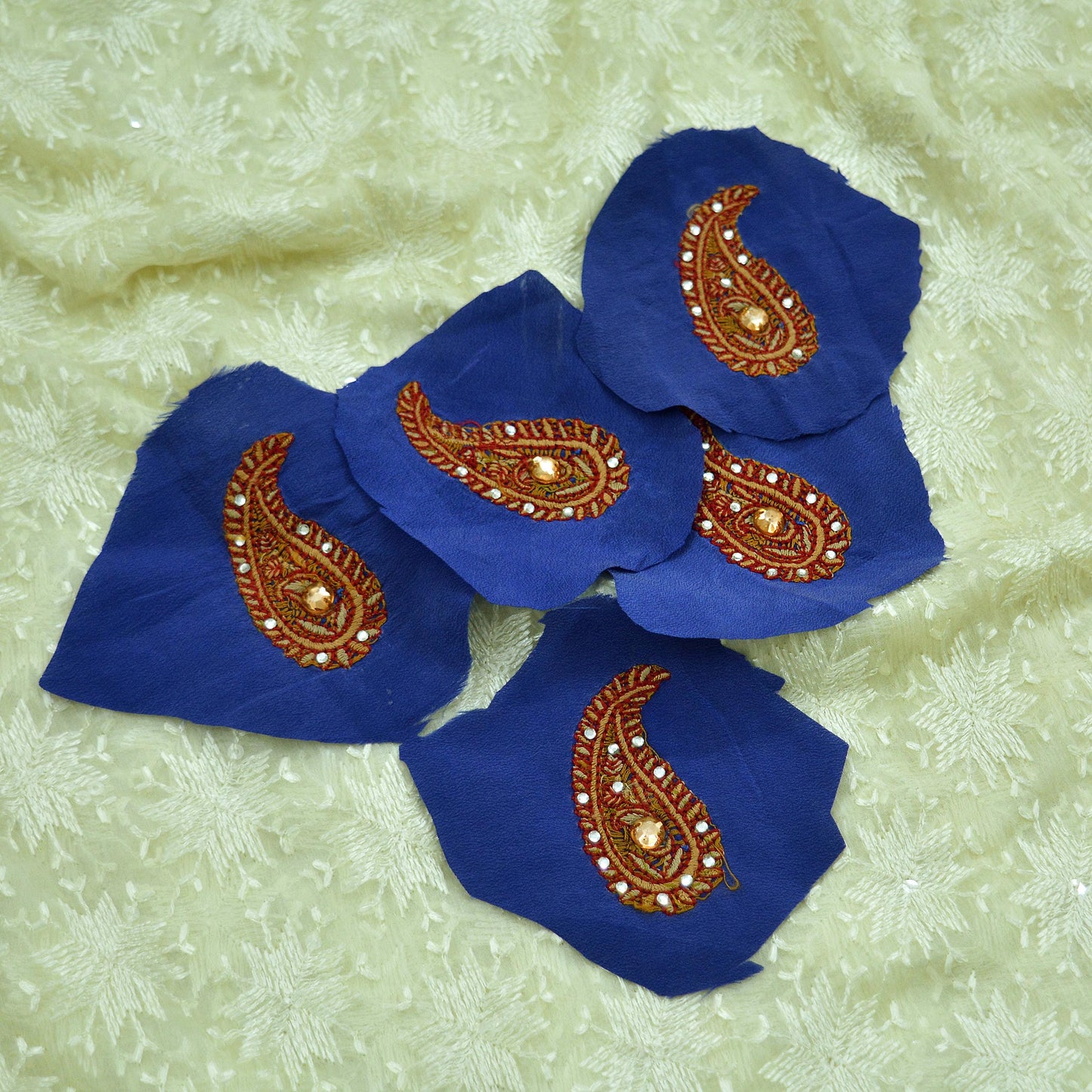 Indian Vintage 5 Pcs Rare Appliques Blue Pure Crepe silk Applique VERY OLD ANTIQUE Vintage Embroidered Snippets Remnants Craft Journals
