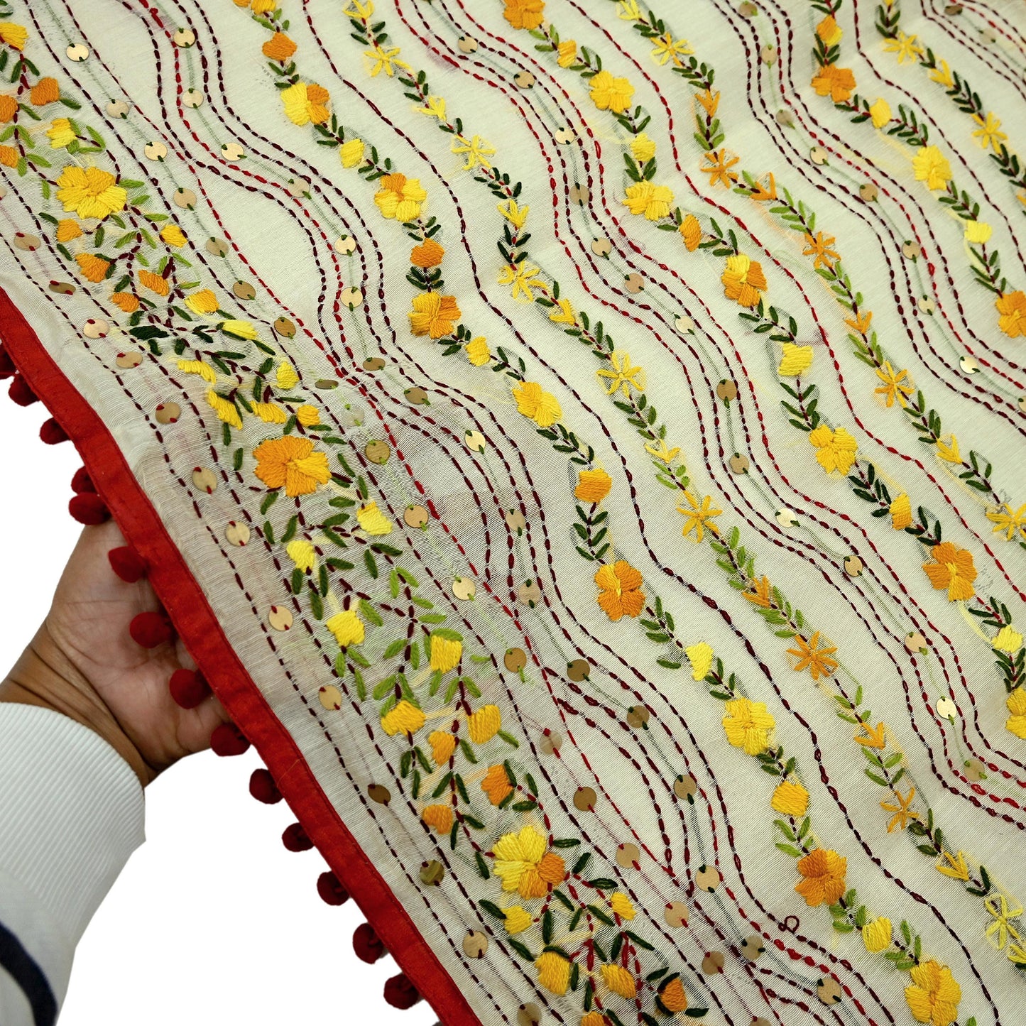 Indian Vintage Ivory Chanderi Silk Heavy Dupatta Long Stole Handmade Phulkari Stole Scarves Gota Patti
