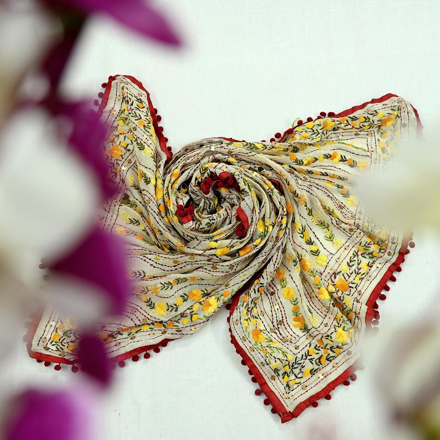 Indian Vintage Ivory Chanderi Silk Heavy Dupatta Long Stole Handmade Phulkari Stole Scarves Gota Patti