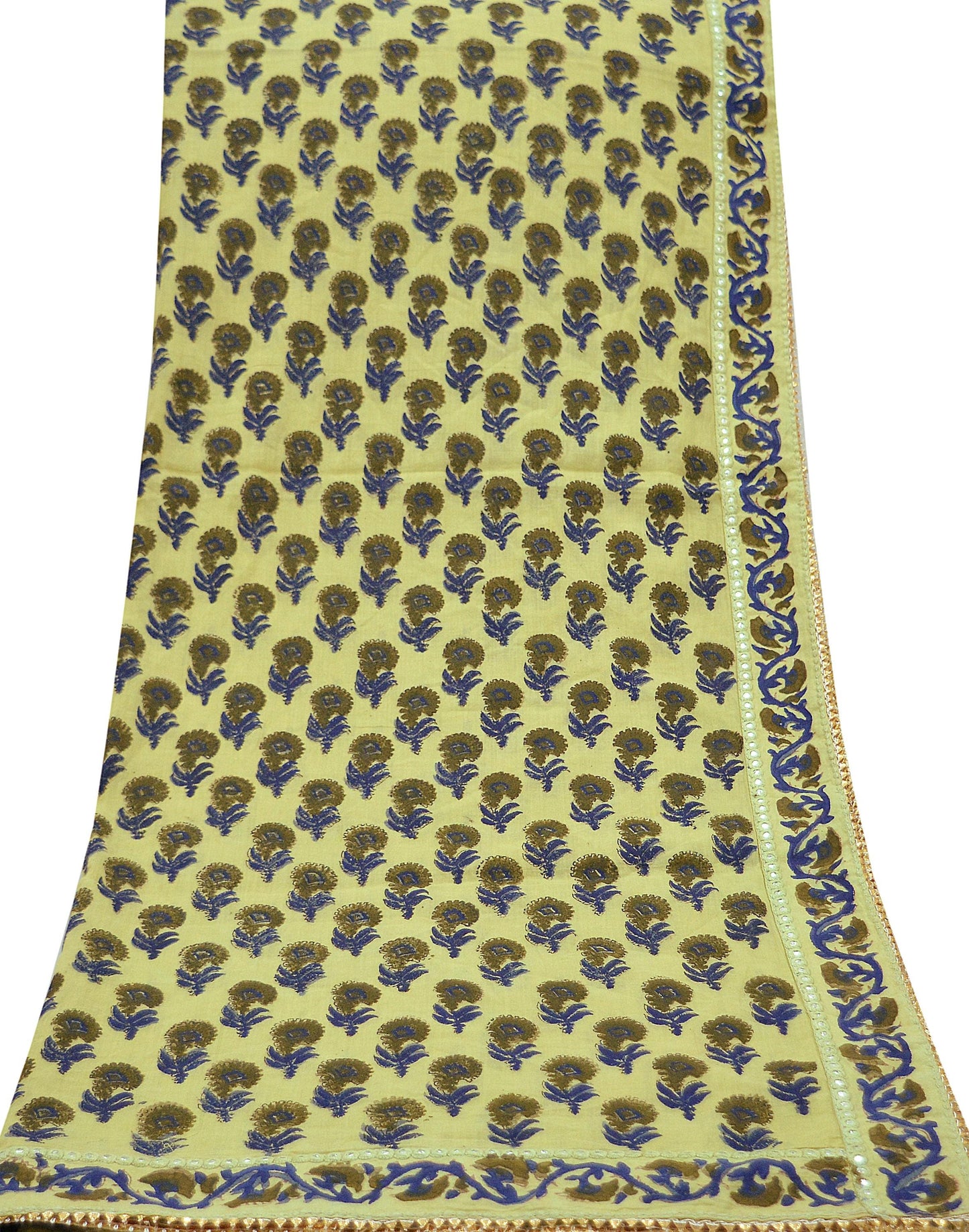 Indian Vintage Dupatta Green Long Stole Block Print 100% Pure Cotton Scarf Veil Soft Floral