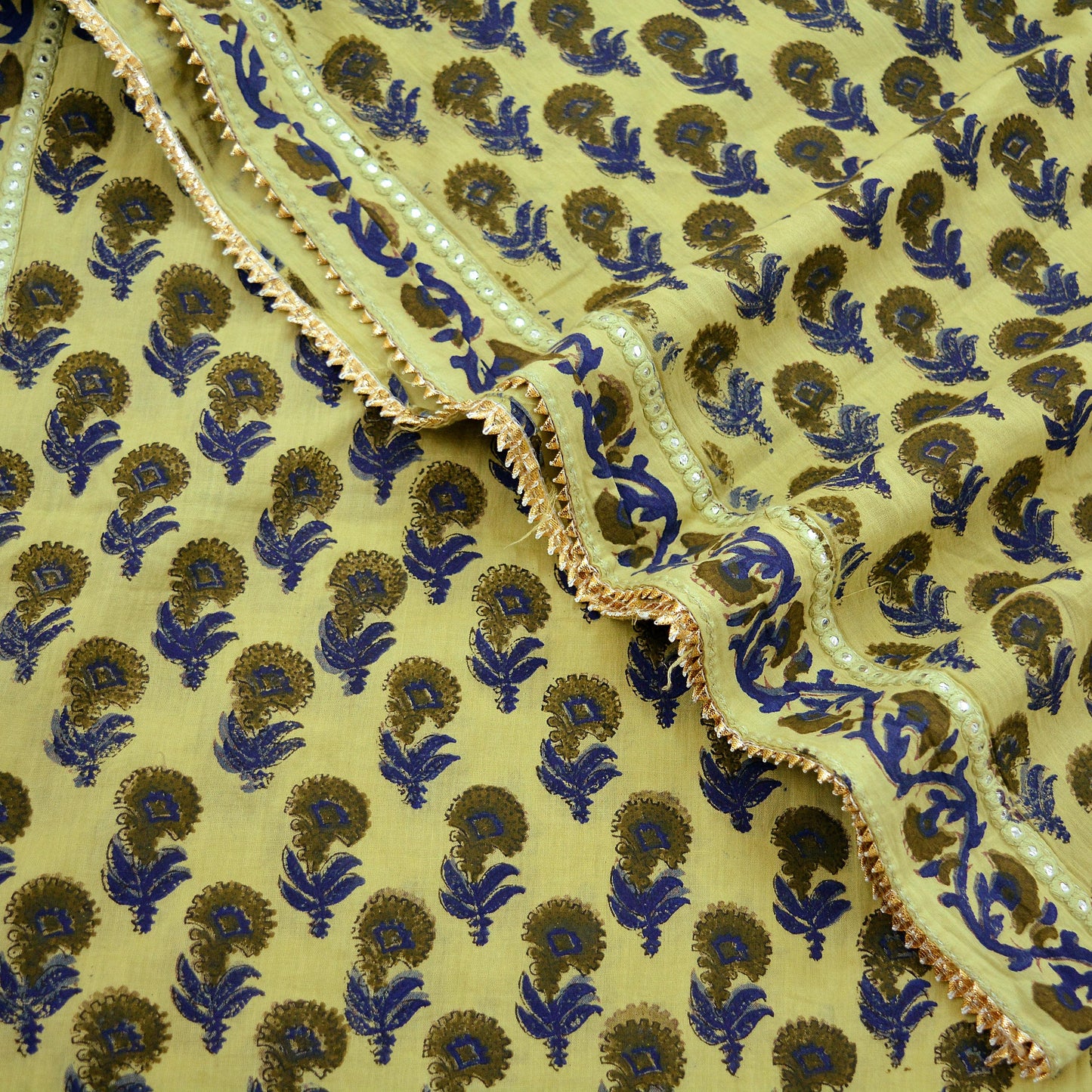 Indian Vintage Dupatta Green Long Stole Block Print 100% Pure Cotton Scarf Veil Soft Floral